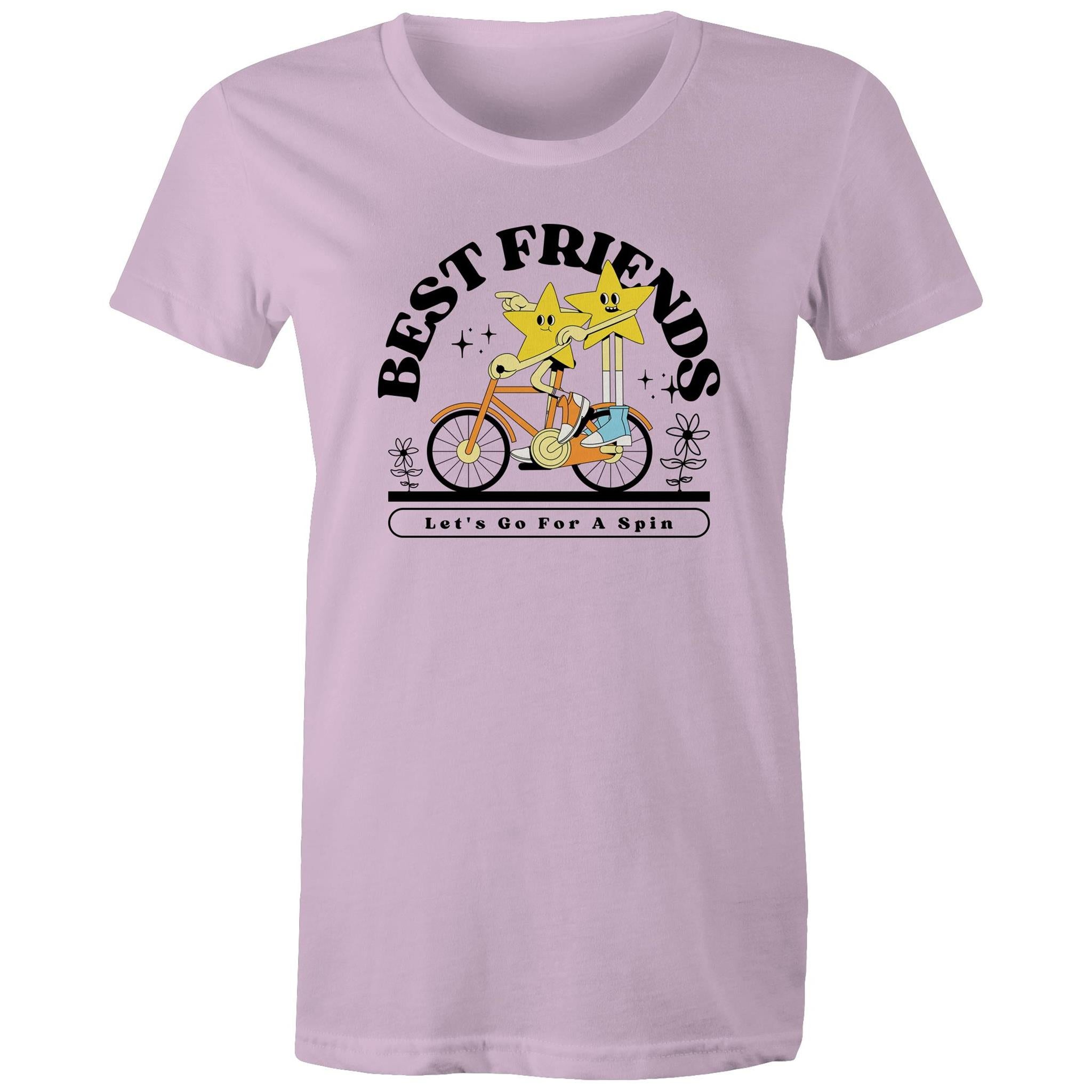 Best Friends, Riding A Bike - Womens T-shirt Lavender Womens T-shirt Printed In Australia Retro