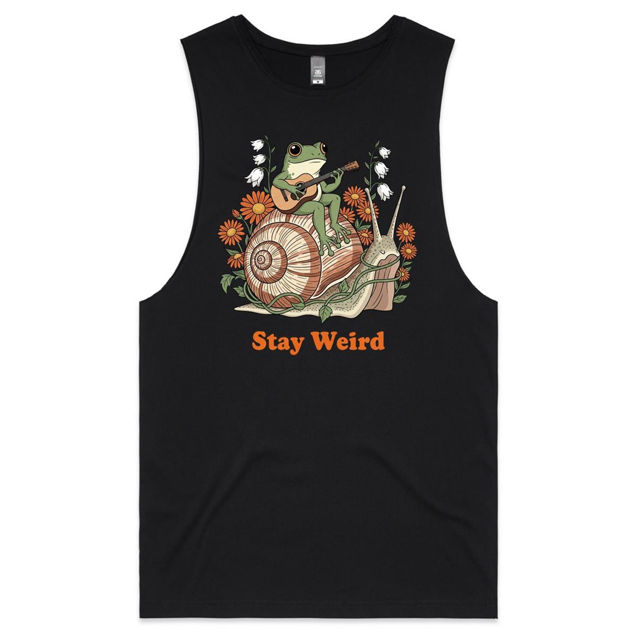 Stay Weird, Guitar Playing Frog On A Snail Mens Men's AS Colour Drop Arm Tank Top Black Drop Arm Tank Top animal Music Printed In Australia