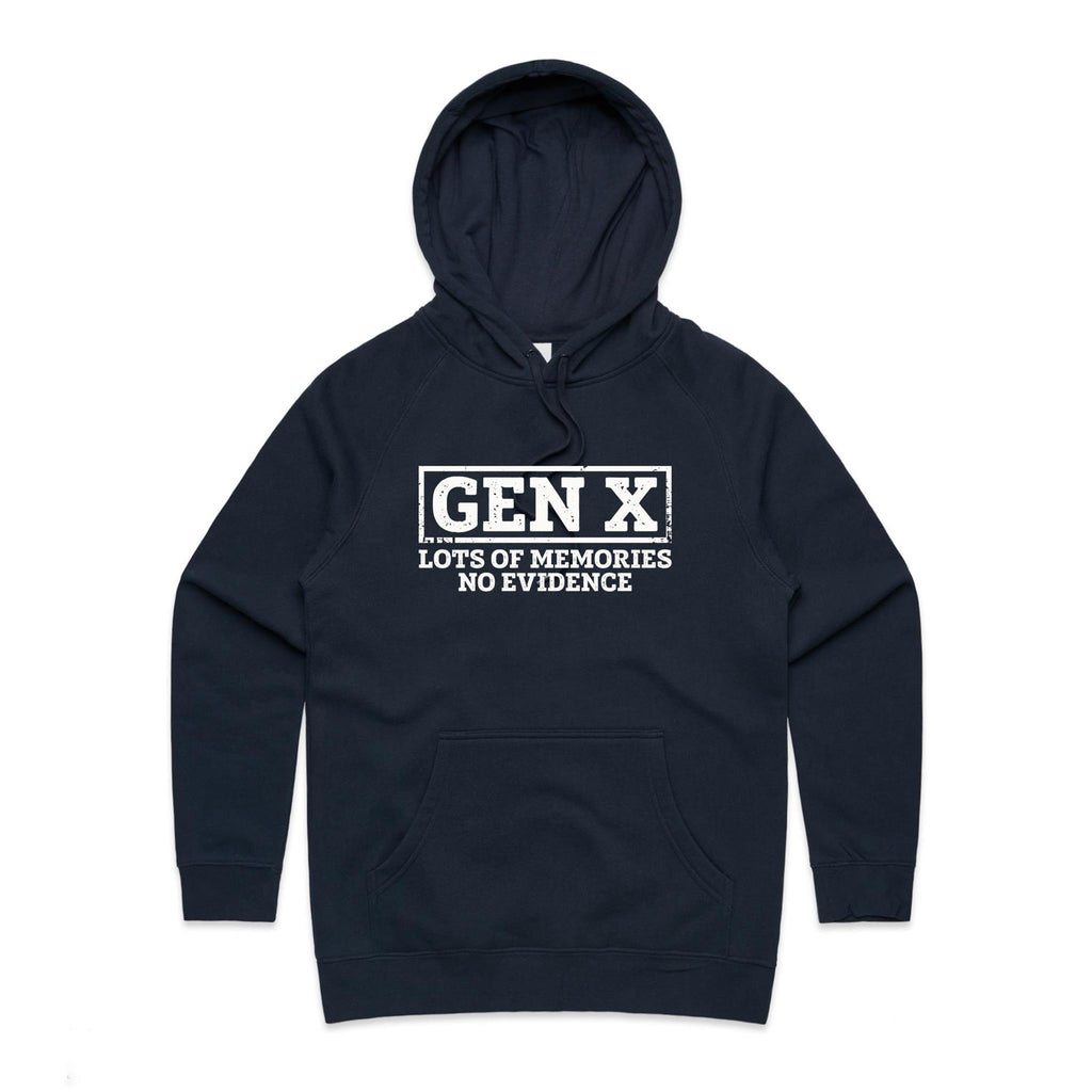 Gen X, Lots Of Memories, No Evidence Women's AS Colour Hoodie Navy Womens Hoodie Printed In Australia