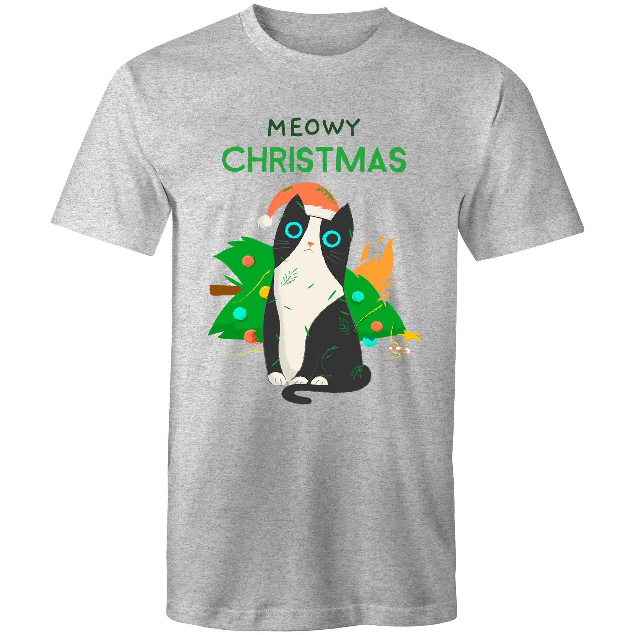 Meowy Christmas - Mens T-Shirt Grey Marle Mens Christmas T-shirt Christmas Printed In Australia
