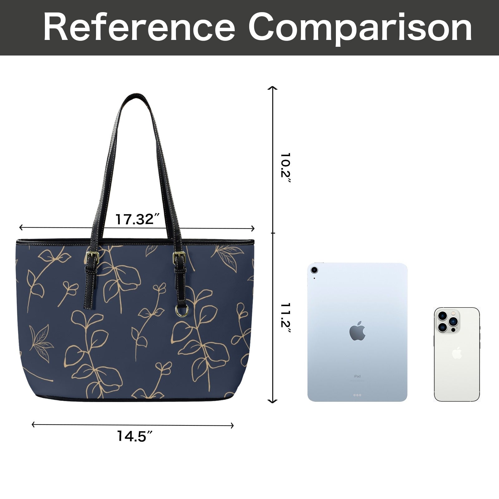 Gold Flowers On Navy - Leather Tote Bag-Large