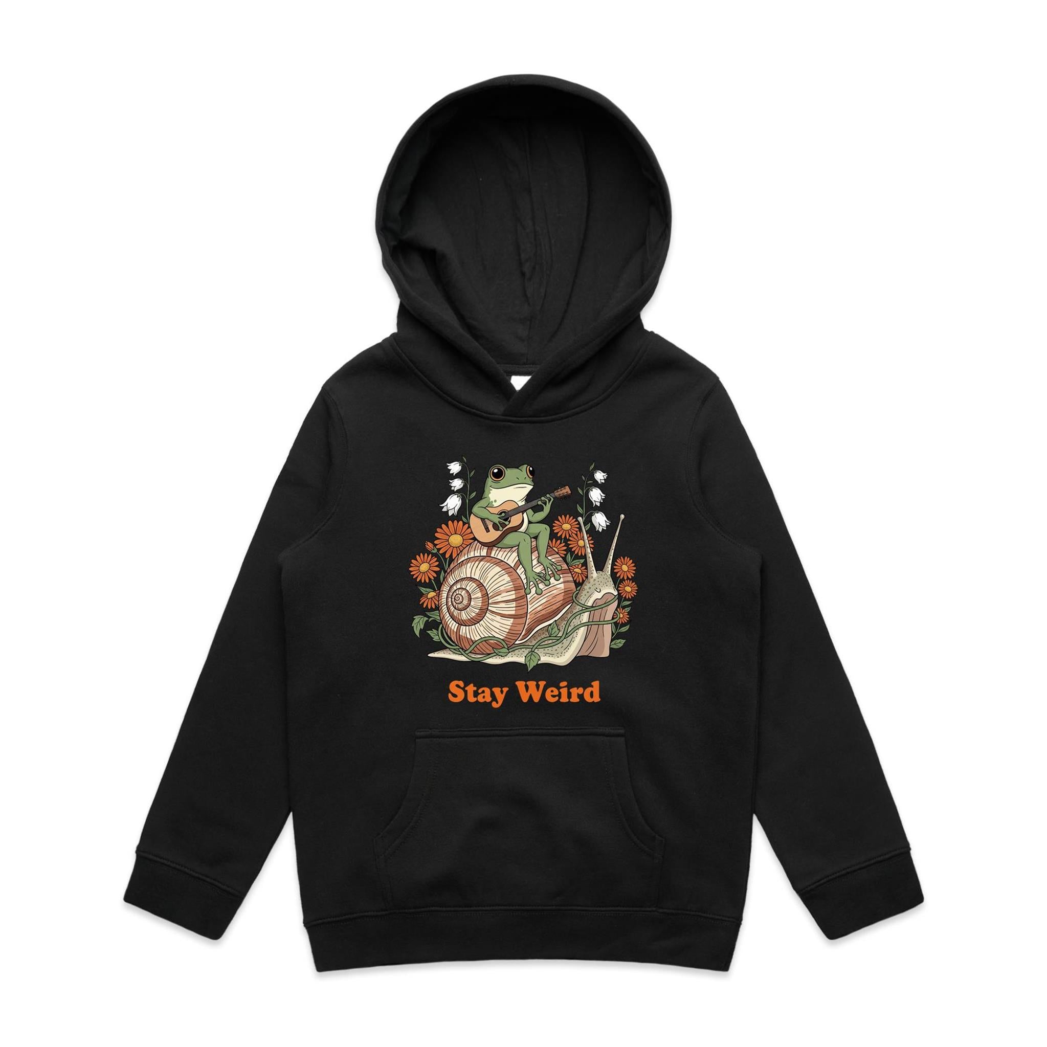 Stay Weird, Guitar Playing Frog On A Snail - Kids Hoodie