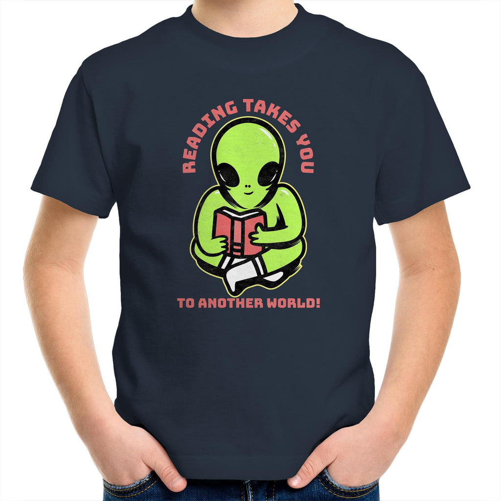 Reading Takes You To Another World, Alien - Kids Youth T-Shirt Navy Kids Youth T-shirt Printed In Australia Reading Sci Fi