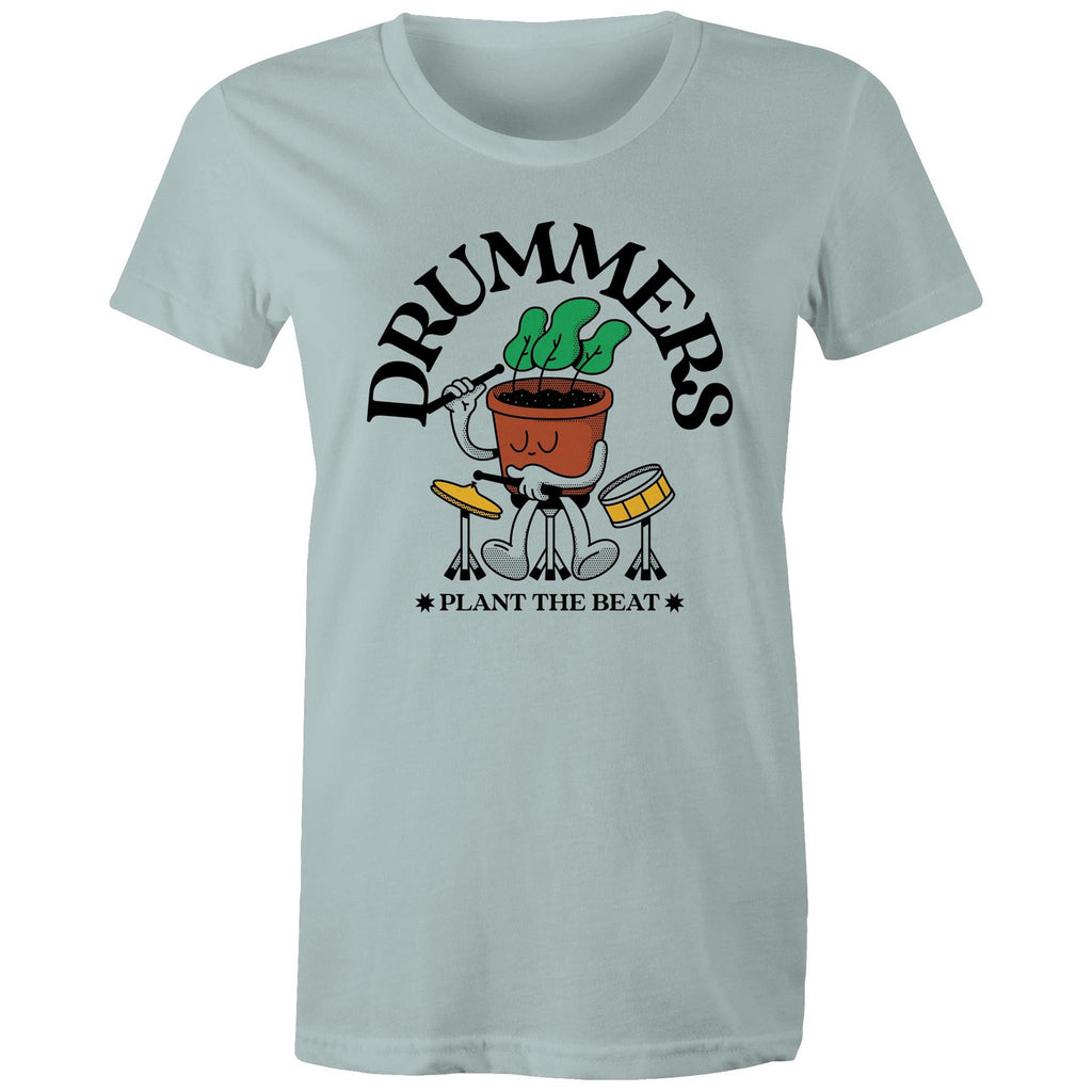 Drummers Plant The Beat - Womens T-shirt Pale Blue Womens T-shirt Music Printed In Australia