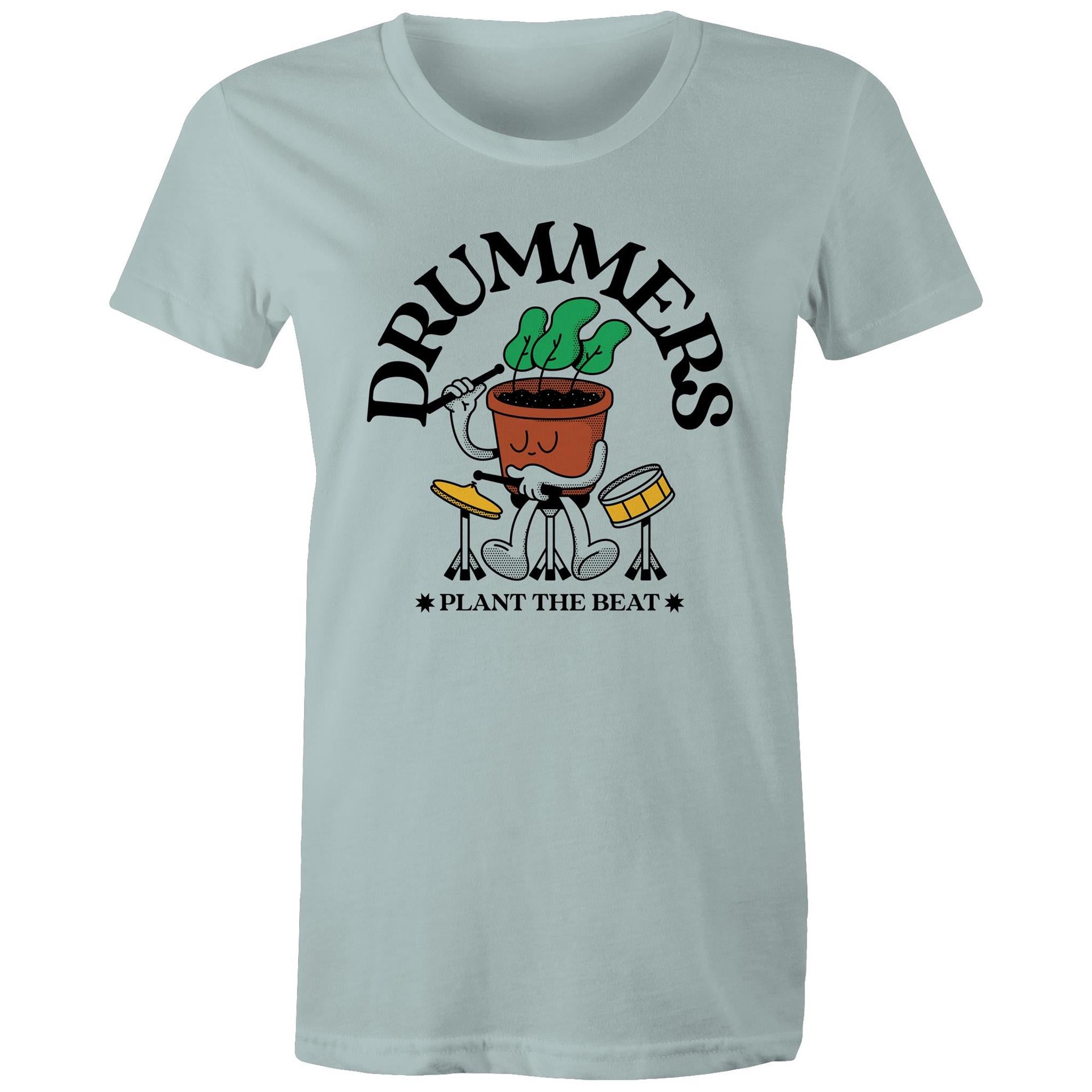 Drummers Plant The Beat - Womens T-shirt Pale Blue Womens T-shirt Music Printed In Australia