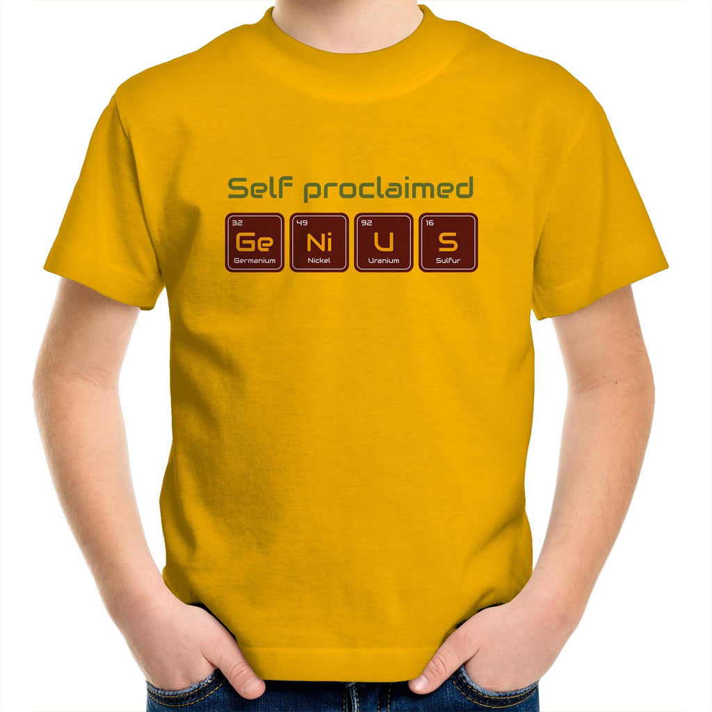Self Proclaimed Genius, Periodic Table - Kids Youth T-Shirt Gold Kids Youth T-shirt Printed In Australia Science