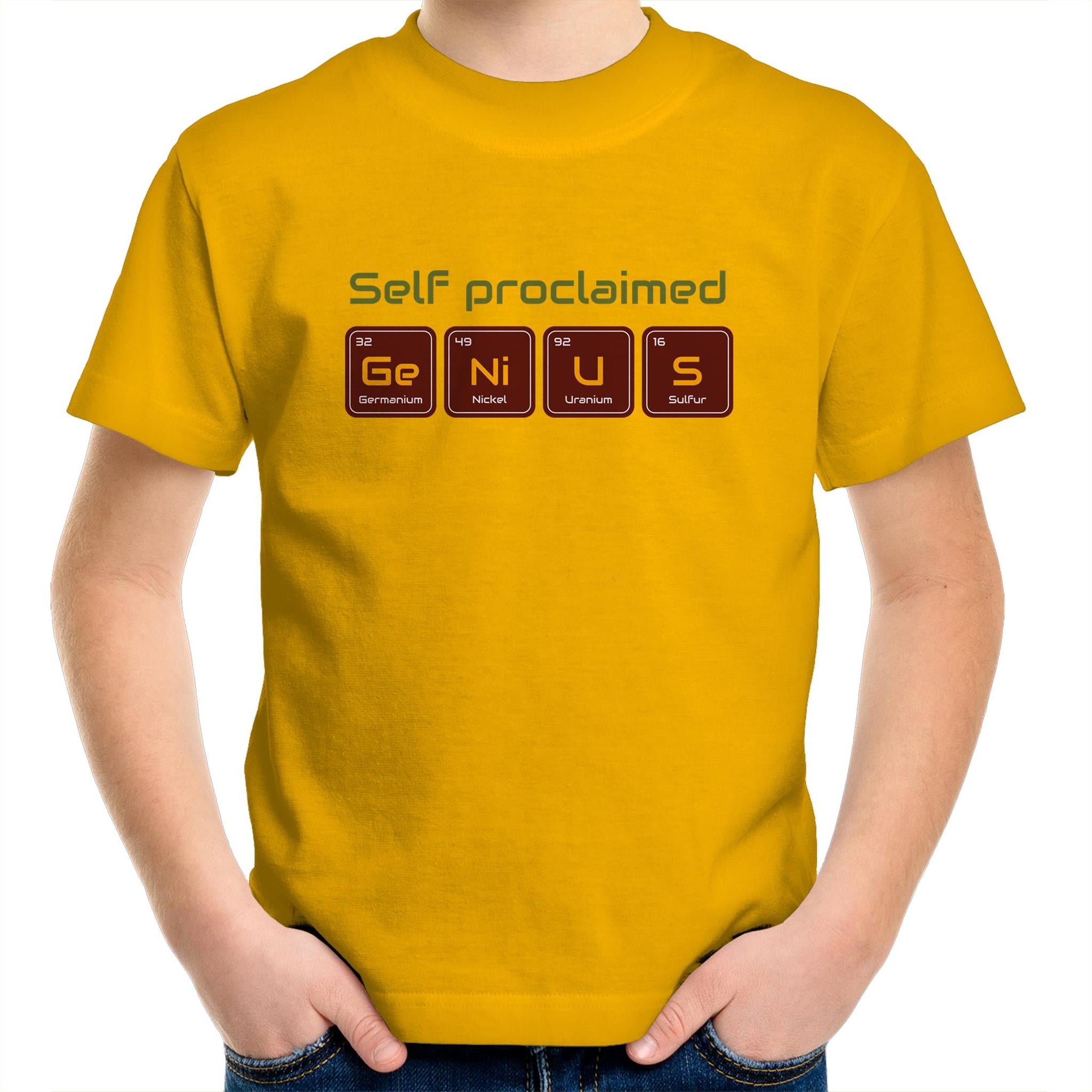 Self Proclaimed Genius, Periodic Table - Kids Youth T-Shirt Gold Kids Youth T-shirt Printed In Australia Science