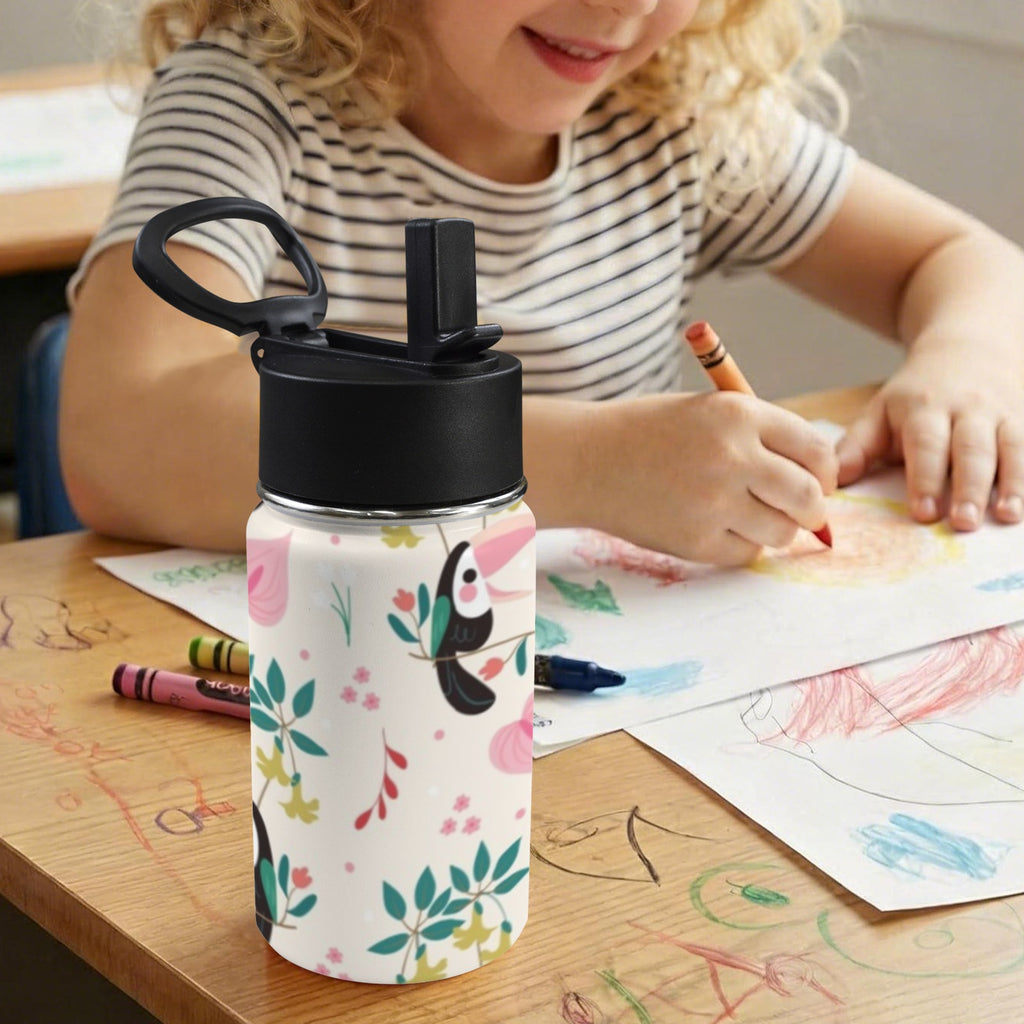 Toucans In Pink 12oz Kids Water Bottle with Straw Lid