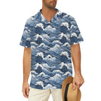 Japanese Waves Men's Short Sleeve Hawaiian Shirt Men's Hawaiian Shirt (New) Ocean Printed Offshore