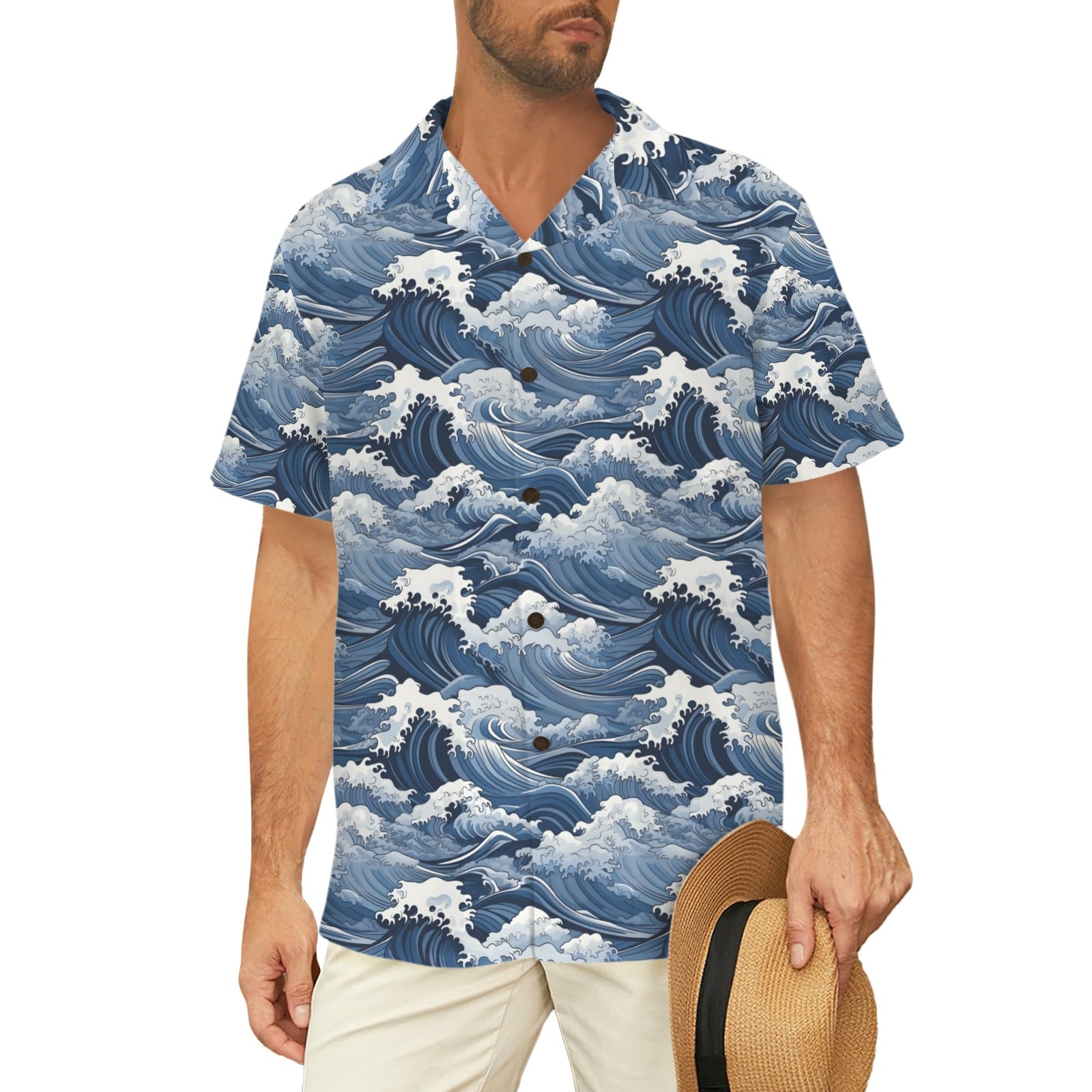 Japanese Waves - Men's Short Sleeve Hawaiian Shirt Men's Hawaiian Shirt (New) Ocean Printed Offshore