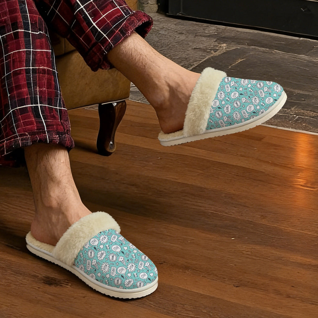 Comic Book Speech Bubbles Men's Fur Trim Thick-Sole Indoor Slippers Men's Fur Trimmed Slippers comic Printed Offshore