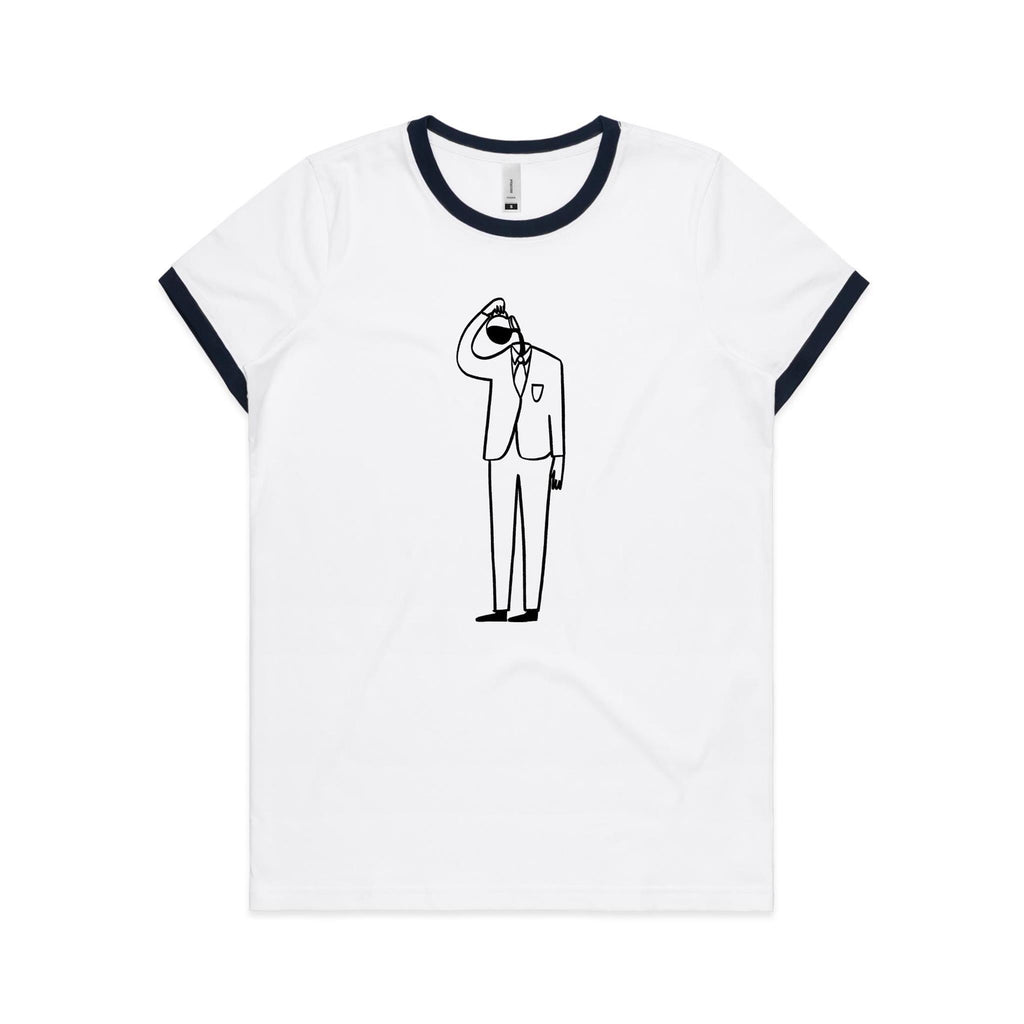 Coffee Brain - Women's Ringer Tee White Navy Womens Ringer T-shirt Coffee Printed In Australia