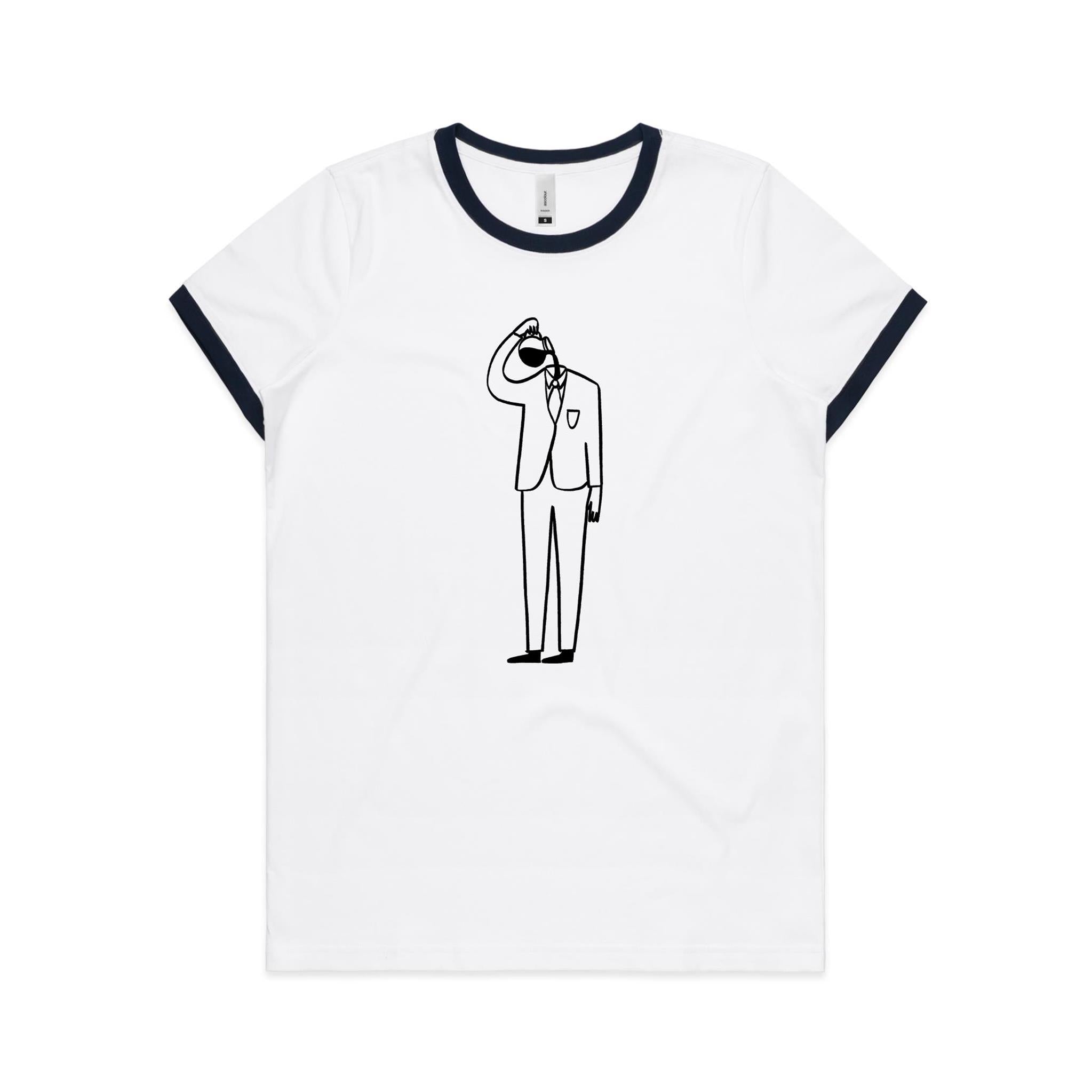 Coffee Brain - Women's Ringer Tee White Navy Womens Ringer T-shirt Coffee Printed In Australia