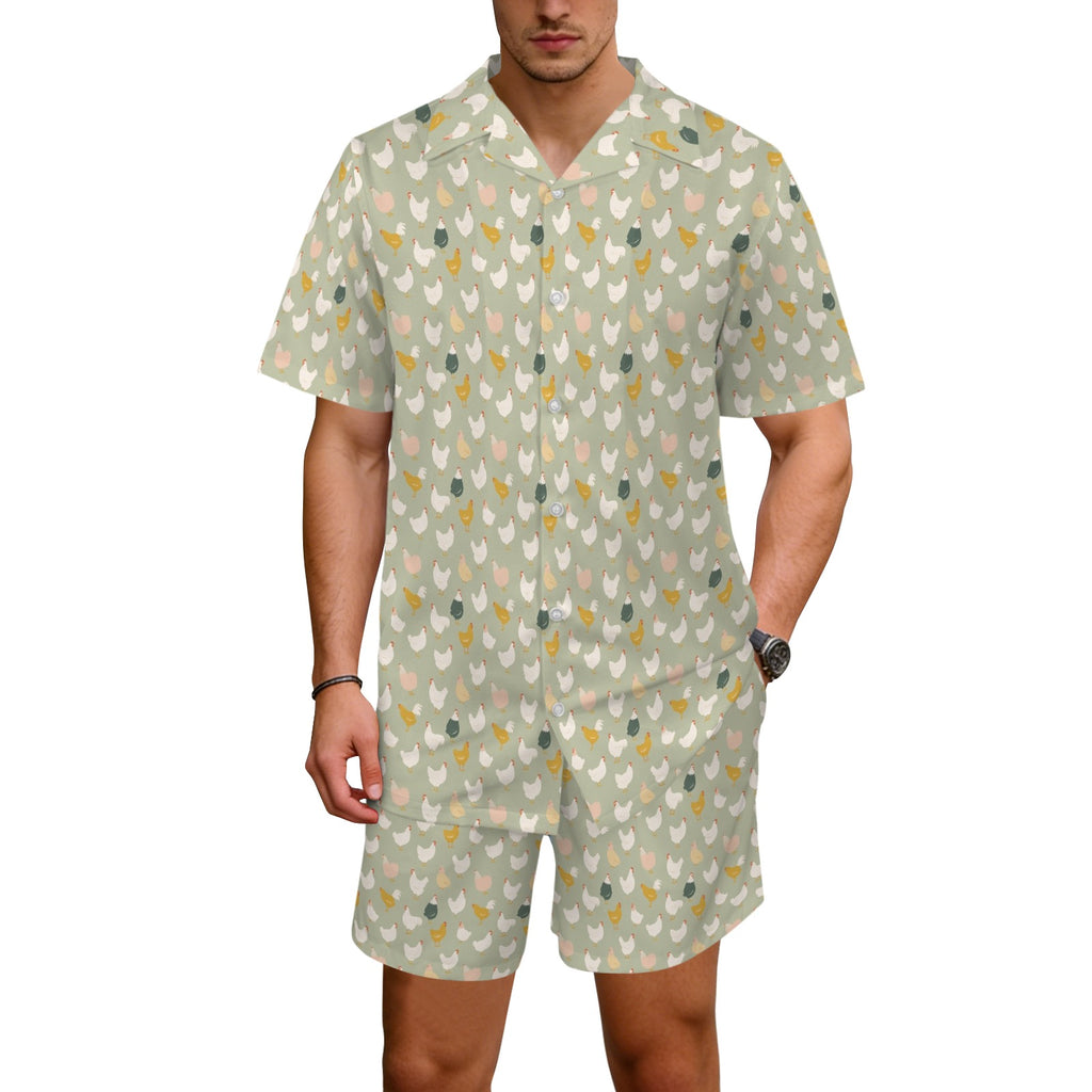 Chicken Life Men's Hawaiian Shirt & Shorts Set Men's Hawaiian Shirt & Shorts Set animal Printed Offshore