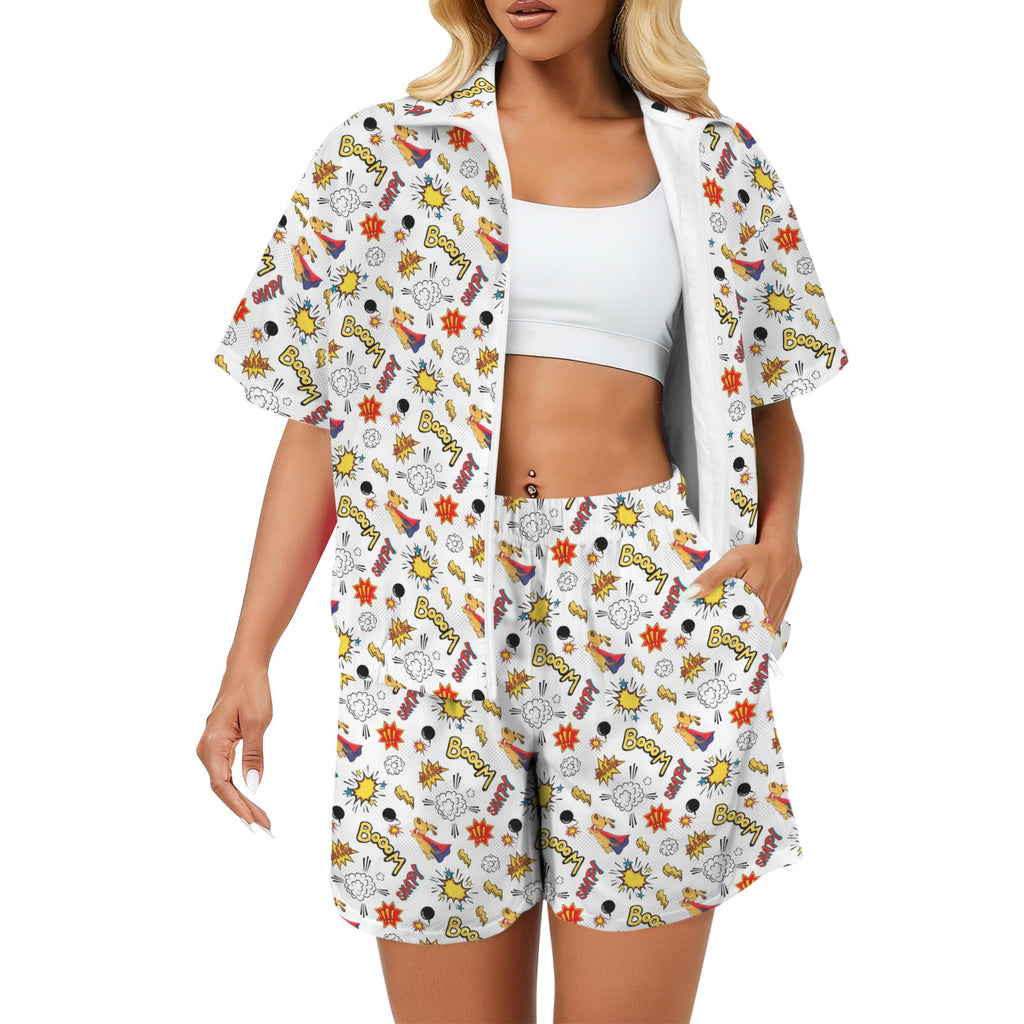 Super Dog Women's Windbreaker Short Set 2XL Women's Windbreaker Short Set animal comic Printed Offshore