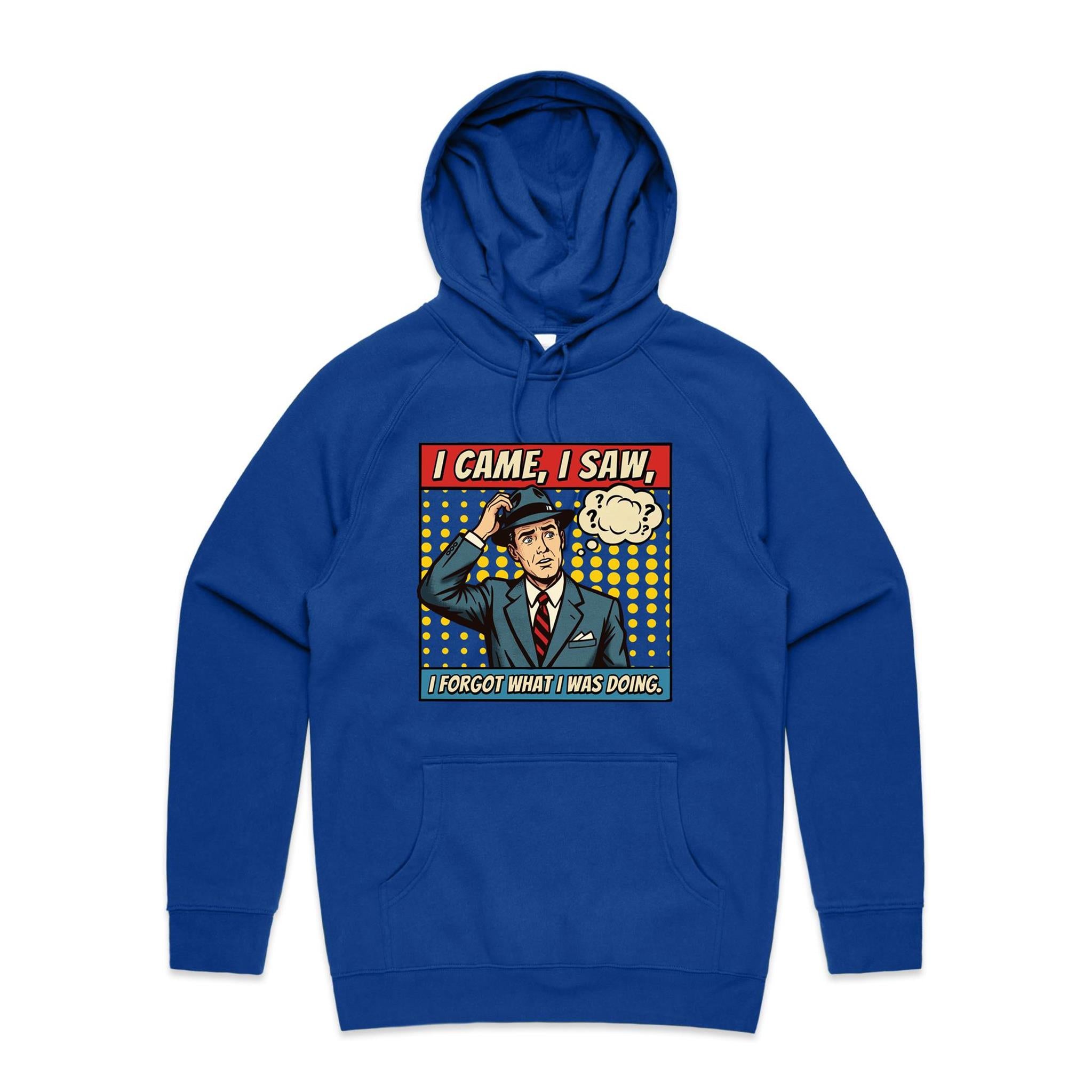 I Came, I Saw, I Forgot What I Was Doing, Retro Gentleman Men's AS Colour Hoodie Bright Royal Mens Hoodie comic Dad Printed In Australia