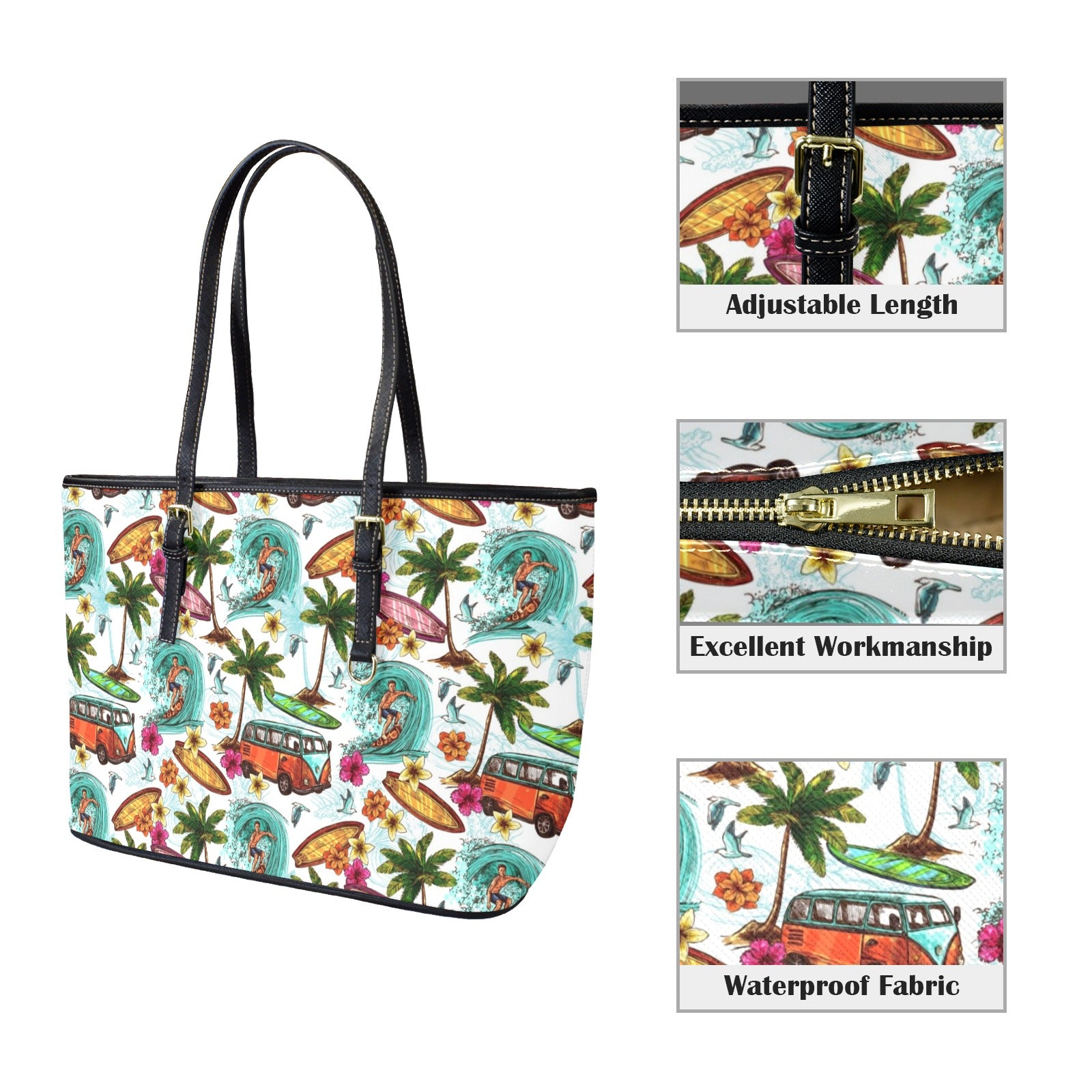 Surfing Safari PU Leather Tote Bag Large