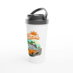 Hello Sunshine, Beach Van - White 15oz Stainless Steel Travel Mug Travel Mug Globally Fulfilled Retro Summer Surf
