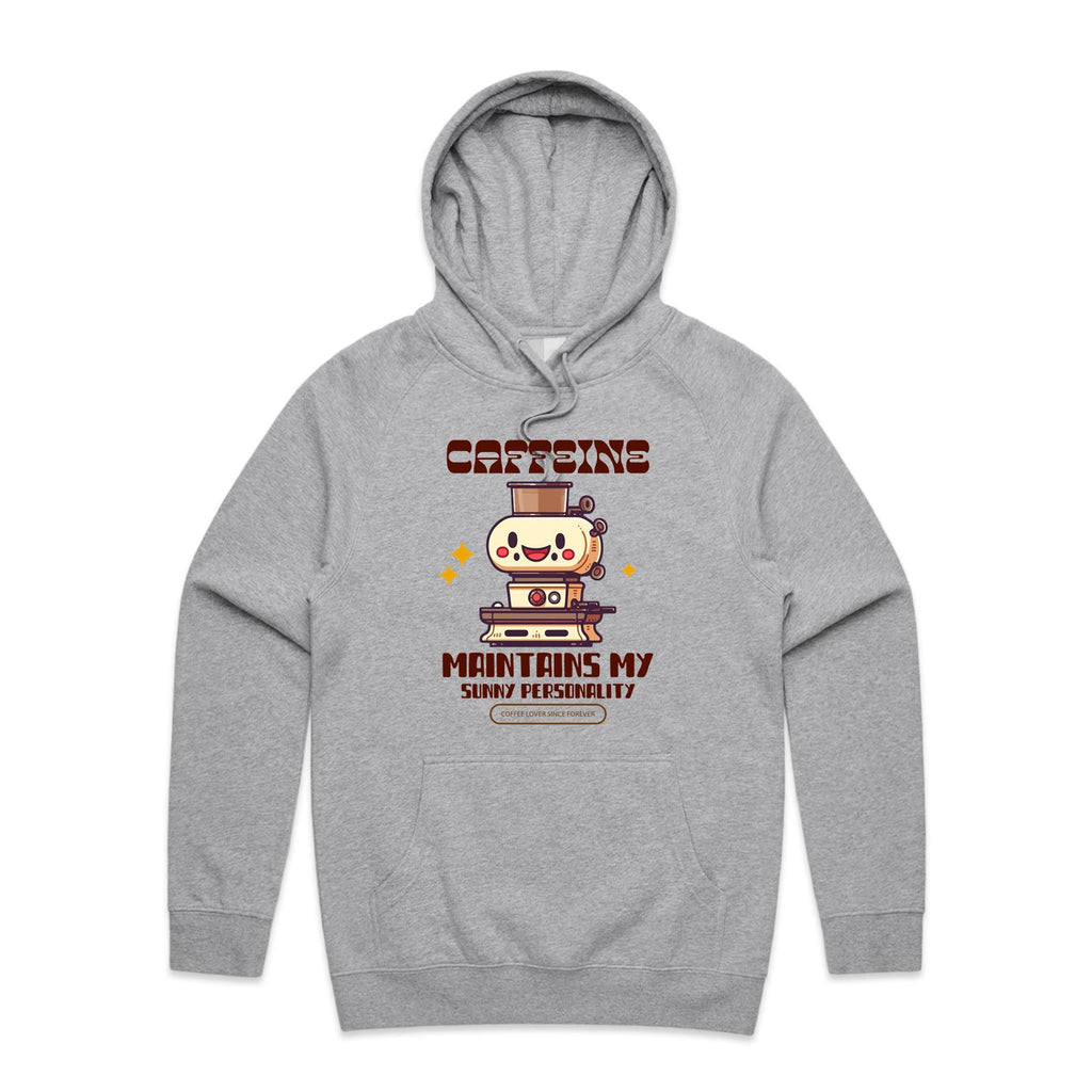 Caffeine Maintains My Sunny Personality - Mens Hoodie Grey Marle Mens Hoodie Coffee Printed In Australia
