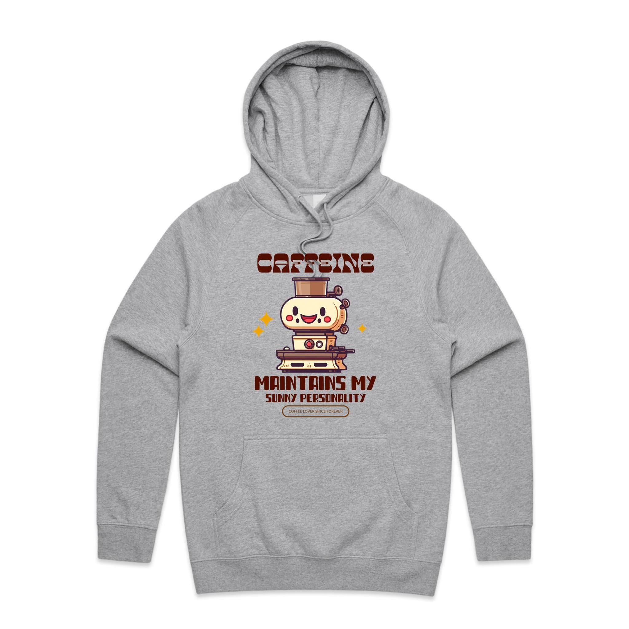 Caffeine Maintains My Sunny Personality - Mens Hoodie Grey Marle Mens Hoodie Coffee Printed In Australia