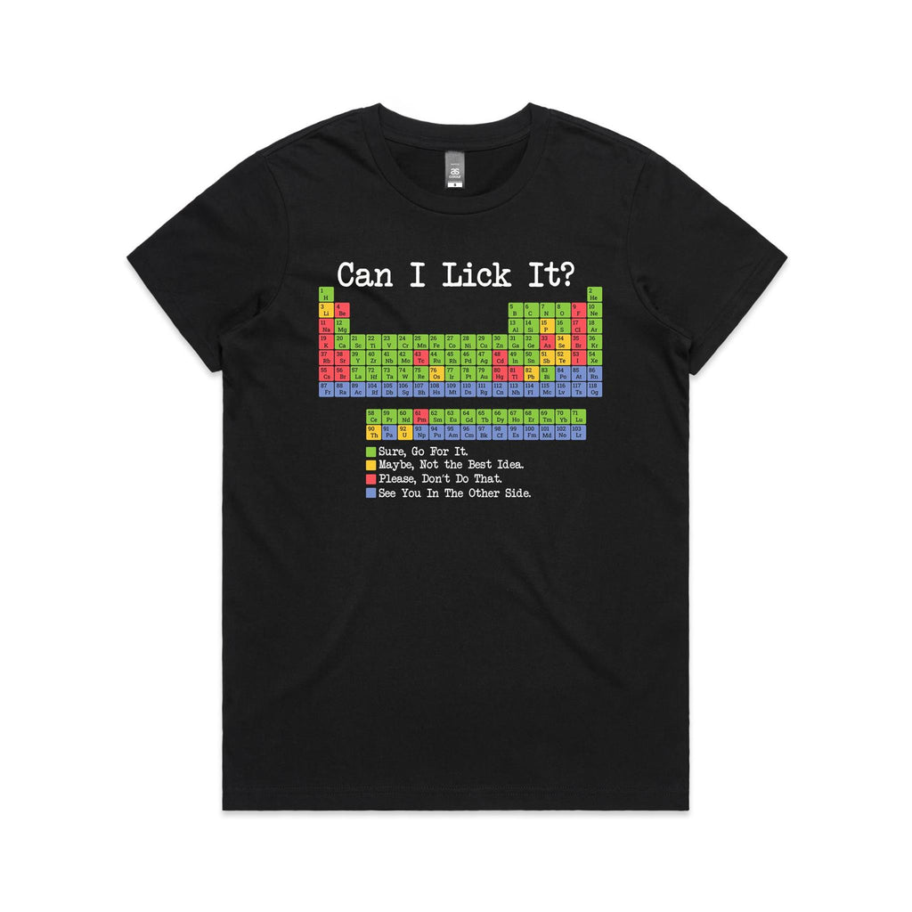Periodic Table, Can I Lick It Women's AS Colour T-shirt Black Womens T-shirt Printed In Australia Science