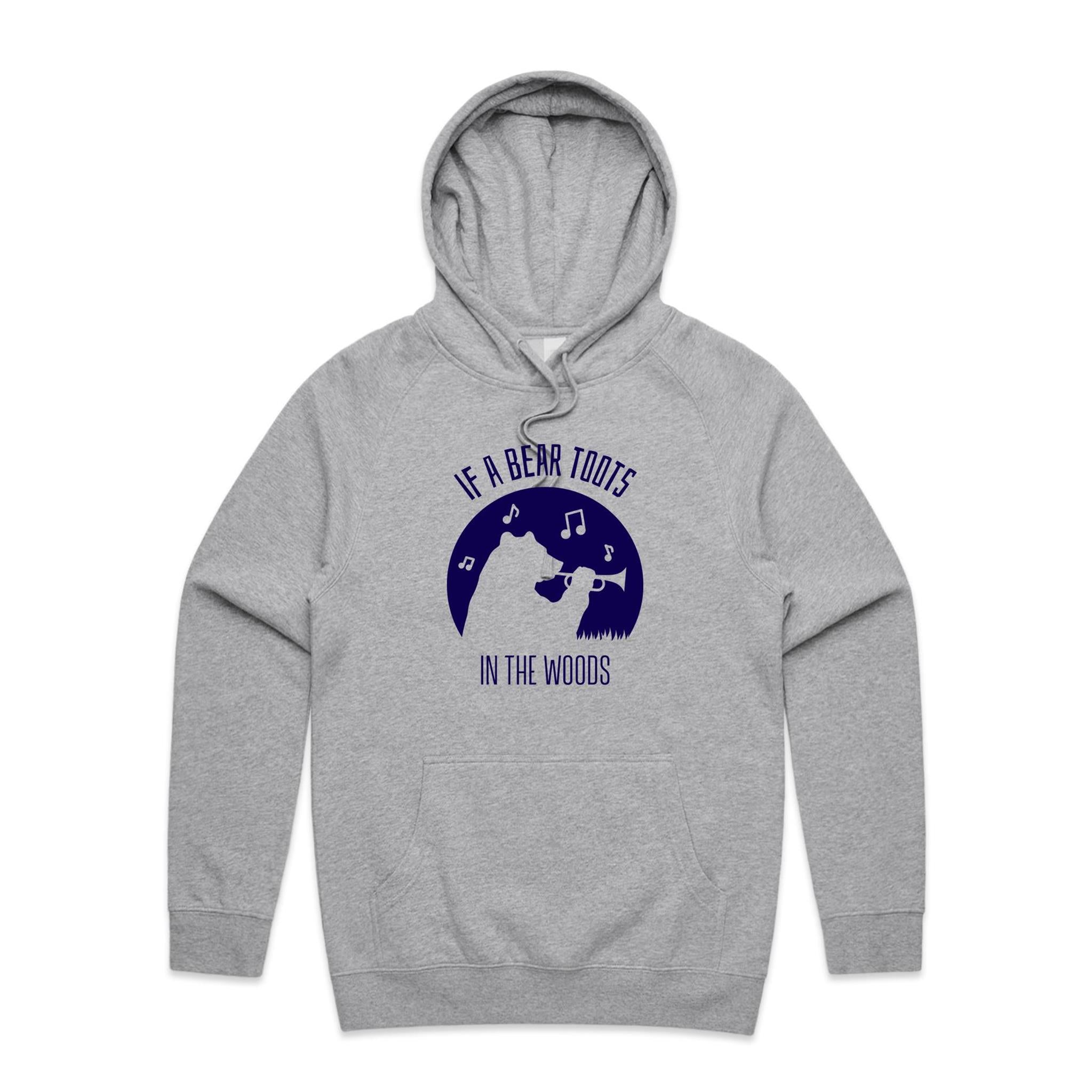 If A Bear Toots In The Woods, Trumpet Player - Mens Hoodie Grey Marle Mens Hoodie animal Music Printed In Australia