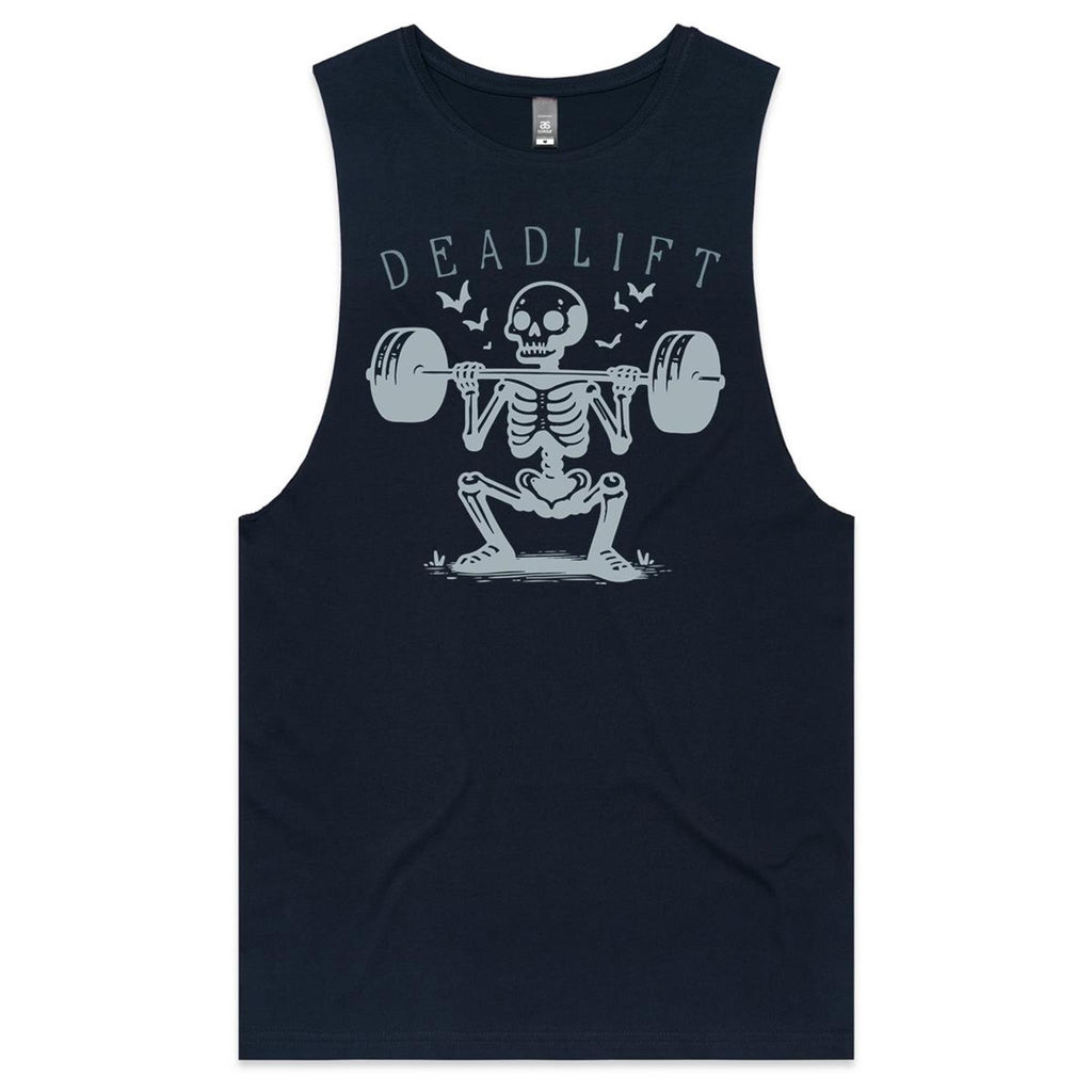 Deadlift, Skeleton Lifting Weights - Tank Top Tee Navy Drop Arm Tank Top Fitness Printed In Australia