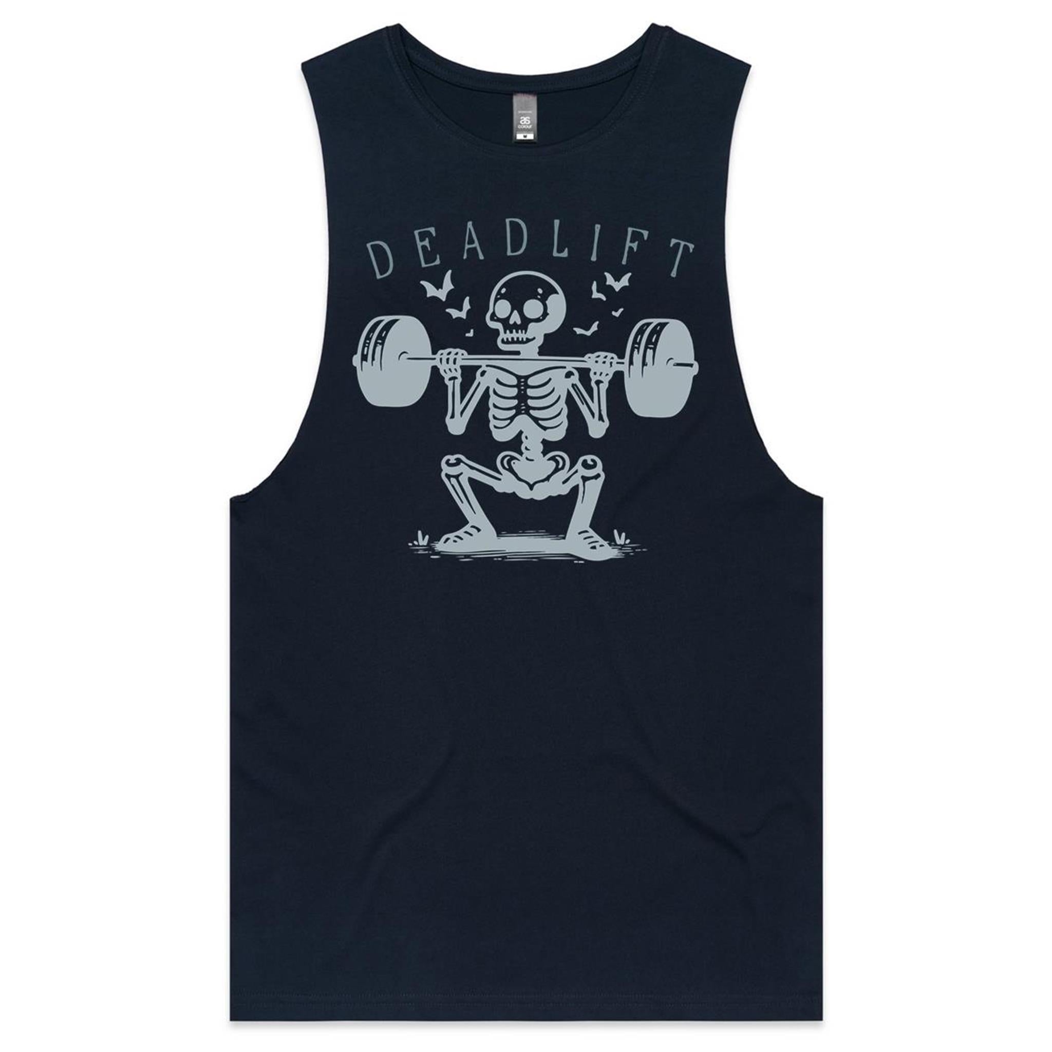Deadlift, Skeleton Lifting Weights - Tank Top Tee Navy Drop Arm Tank Top Fitness Printed In Australia