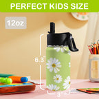 White Flower On Green 12oz Kids Water Bottle with Straw Lid