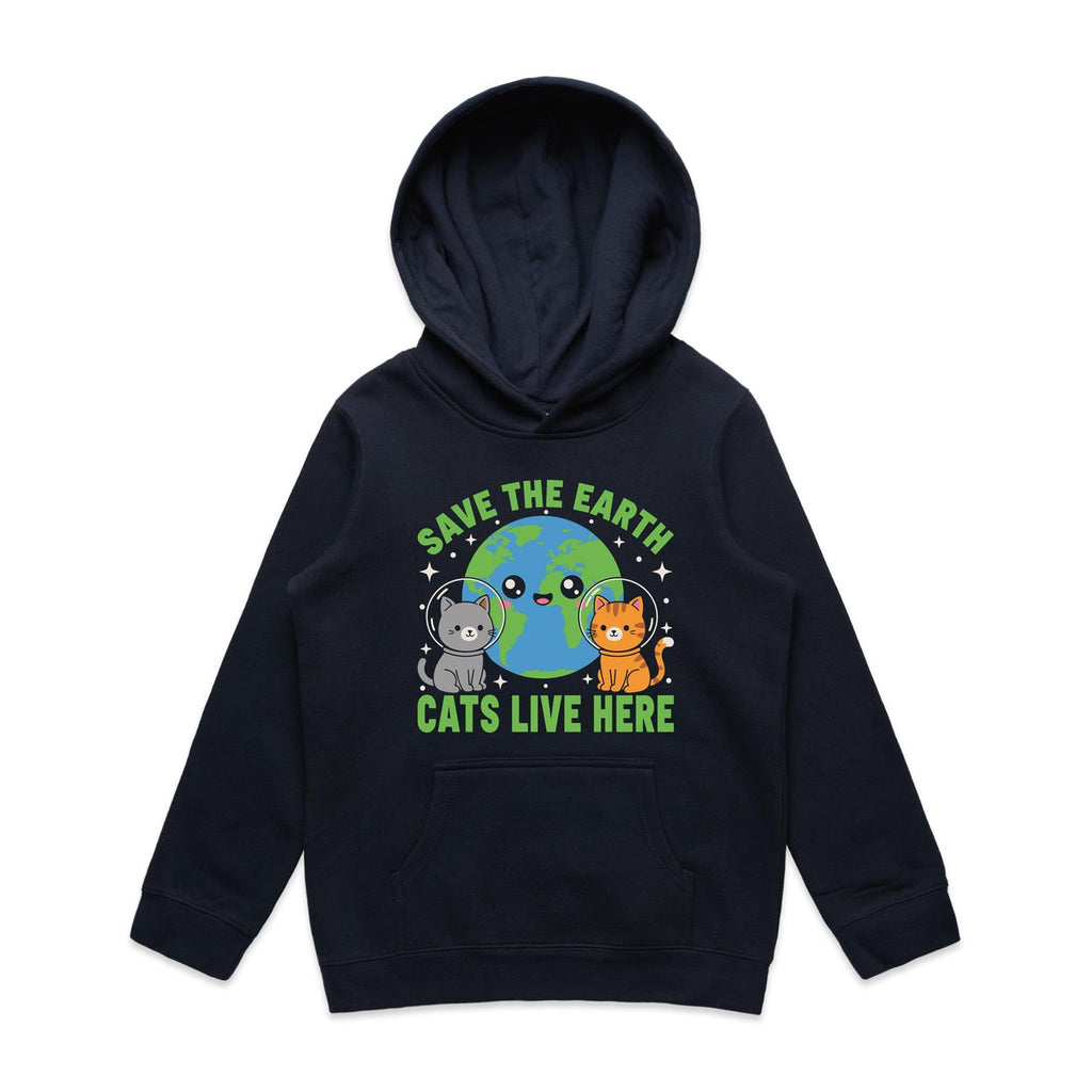 Save The Earth, Cats Live Here Kid's AS Colour Hoodie Navy Kids Hoodie animal Environment Printed In Australia