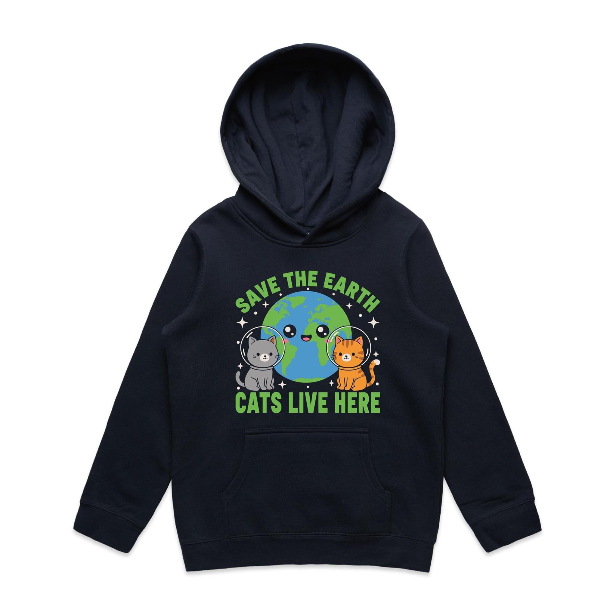 Save The Earth, Cats Live Here - Kid's AS Colour Hoodie Navy Kids Hoodie animal Environment Printed In Australia