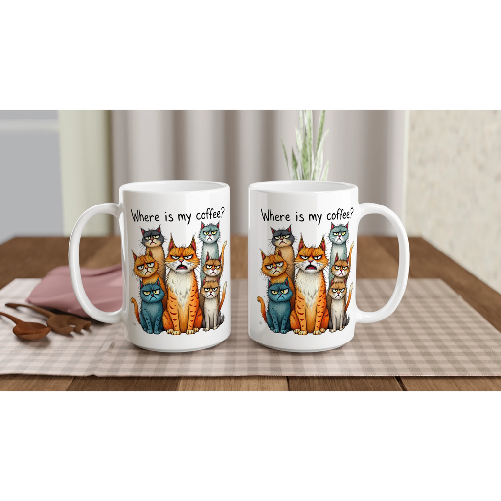 Where Is My Coffee, Cranky Cats - White 15oz Ceramic Mug 15oz Mug animal Coffee Globally Fulfilled
