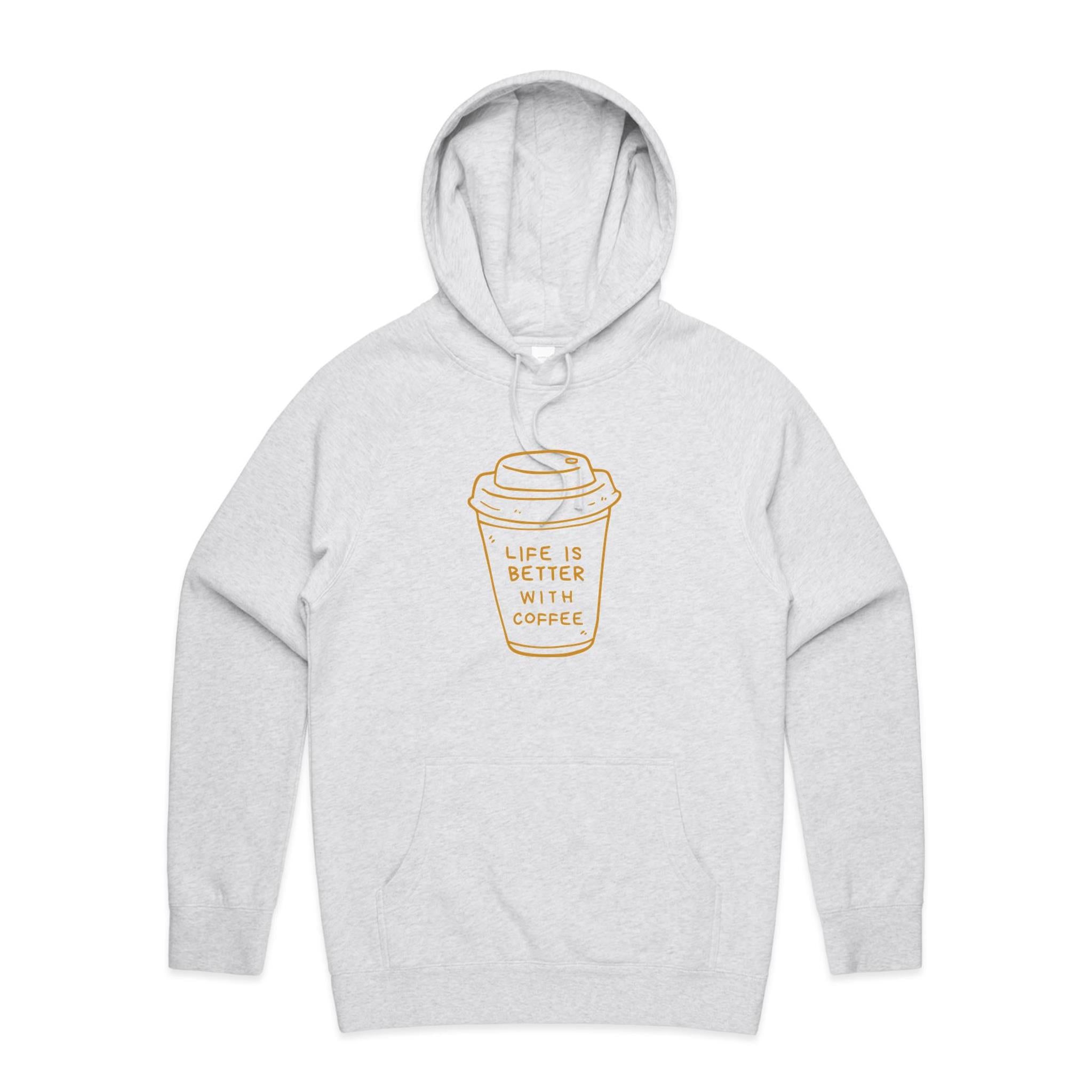 Life Is Better With Coffee - Mens Hoodie White Marle Mens Hoodie Coffee Printed In Australia