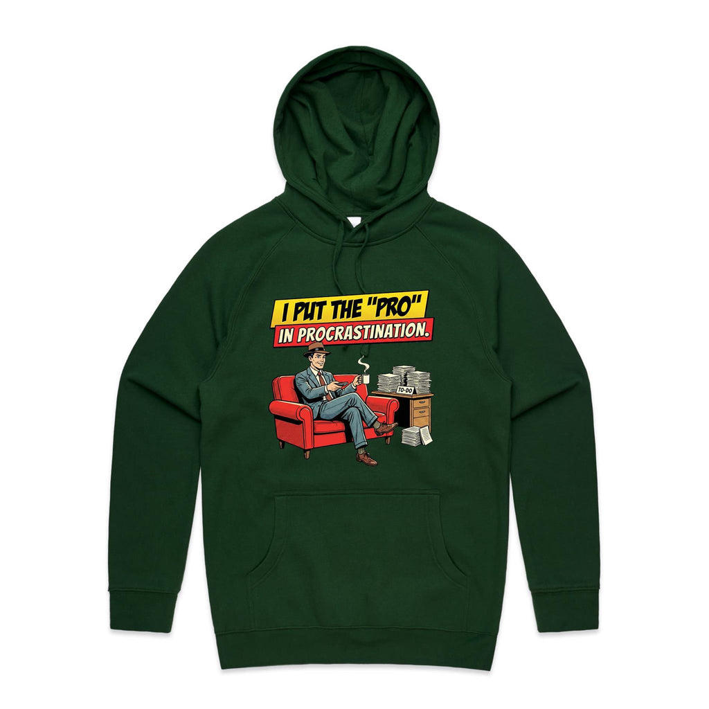 I Put The Pro In Procrastination, Retro Gentleman Men's AS Colour Hoodie Forest Green Mens Hoodie comic Printed In Australia