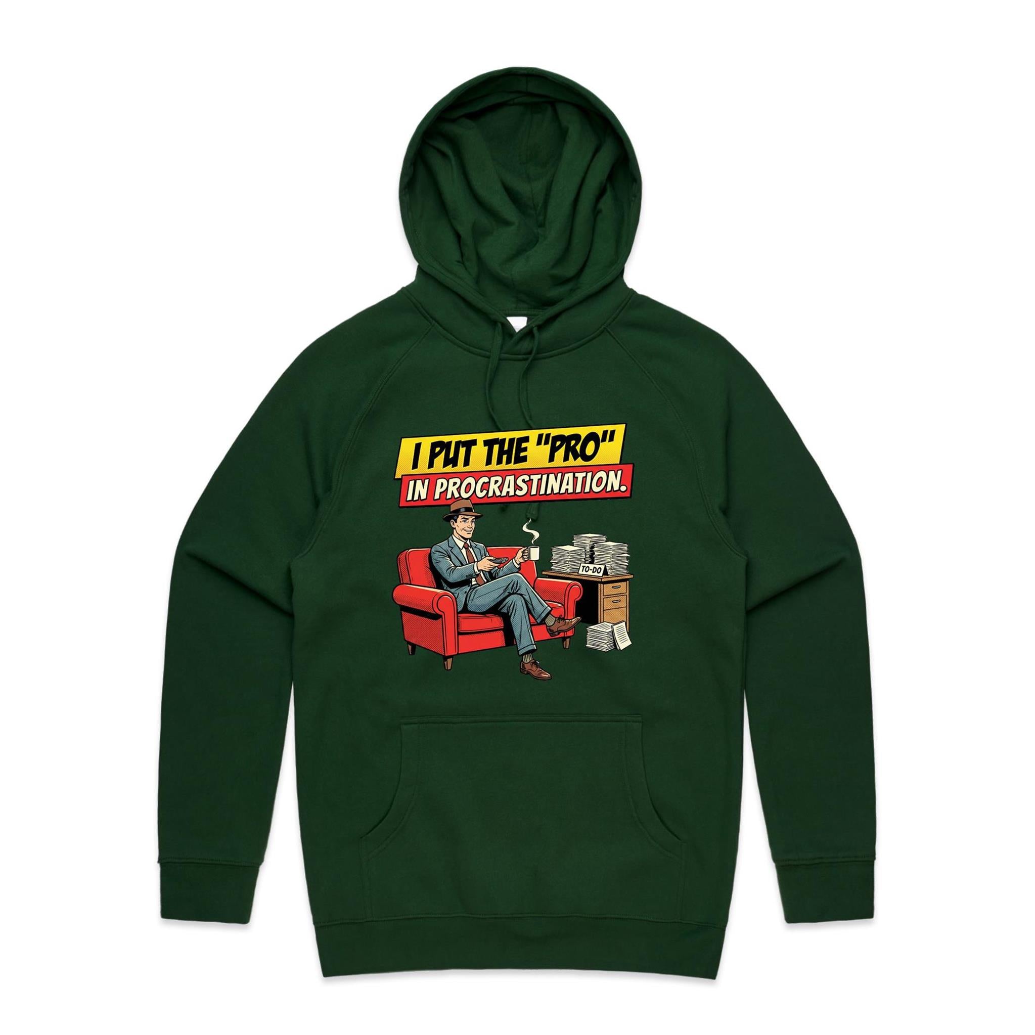 I Put The Pro In Procrastination, Retro Gentleman Men's AS Colour Hoodie Forest Green Mens Hoodie comic Printed In Australia