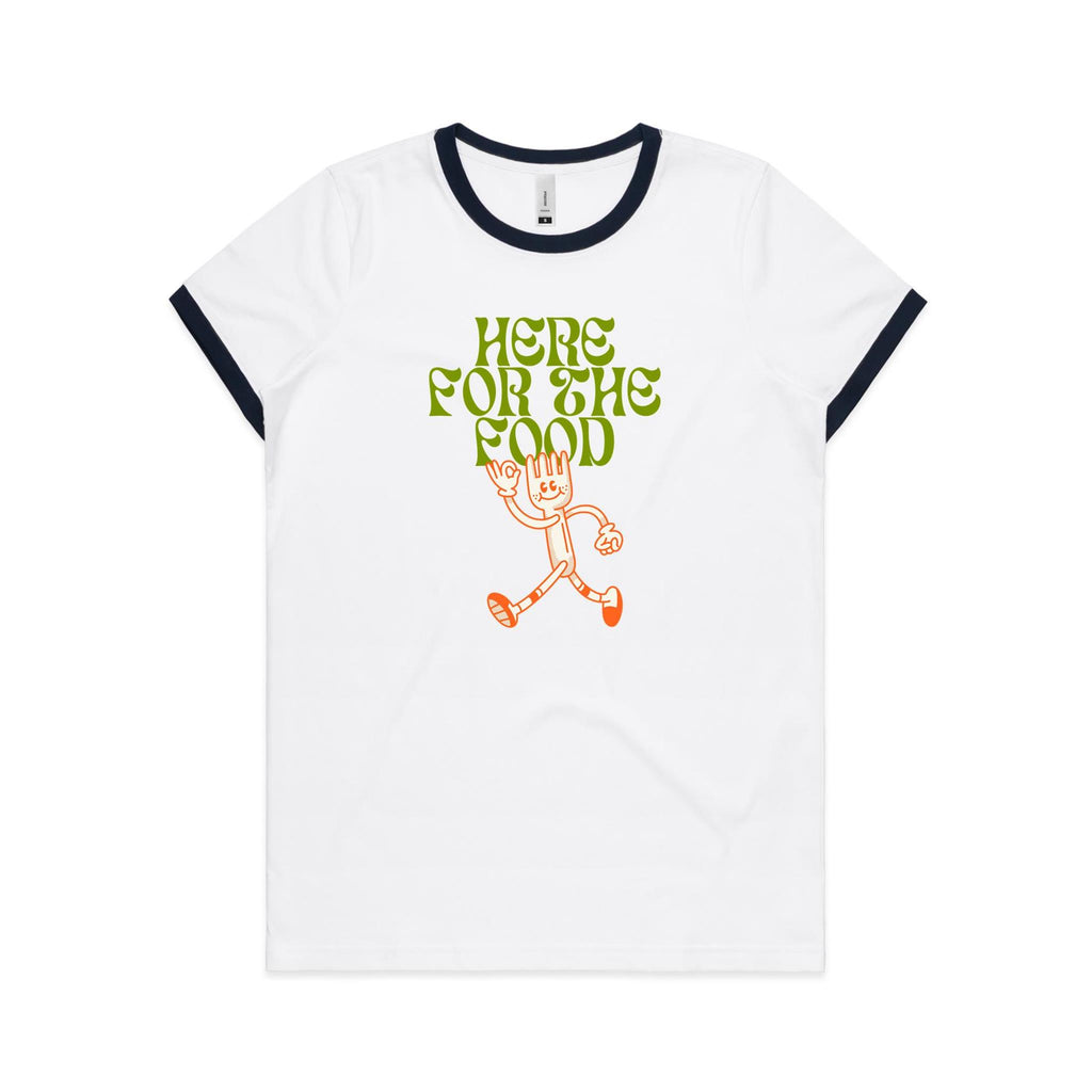 Here For The Food - Women's Ringer Tee White Navy Womens Ringer T-shirt Food Printed In Australia