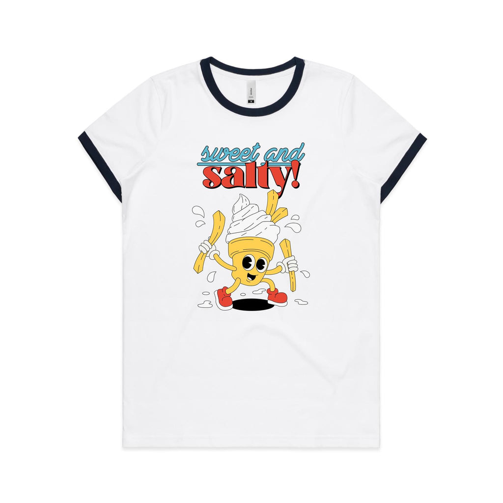 Sweet And Salty, Ice Cream And Fries - Women's Ringer Tee White Navy Womens Ringer T-shirt Food Printed In Australia