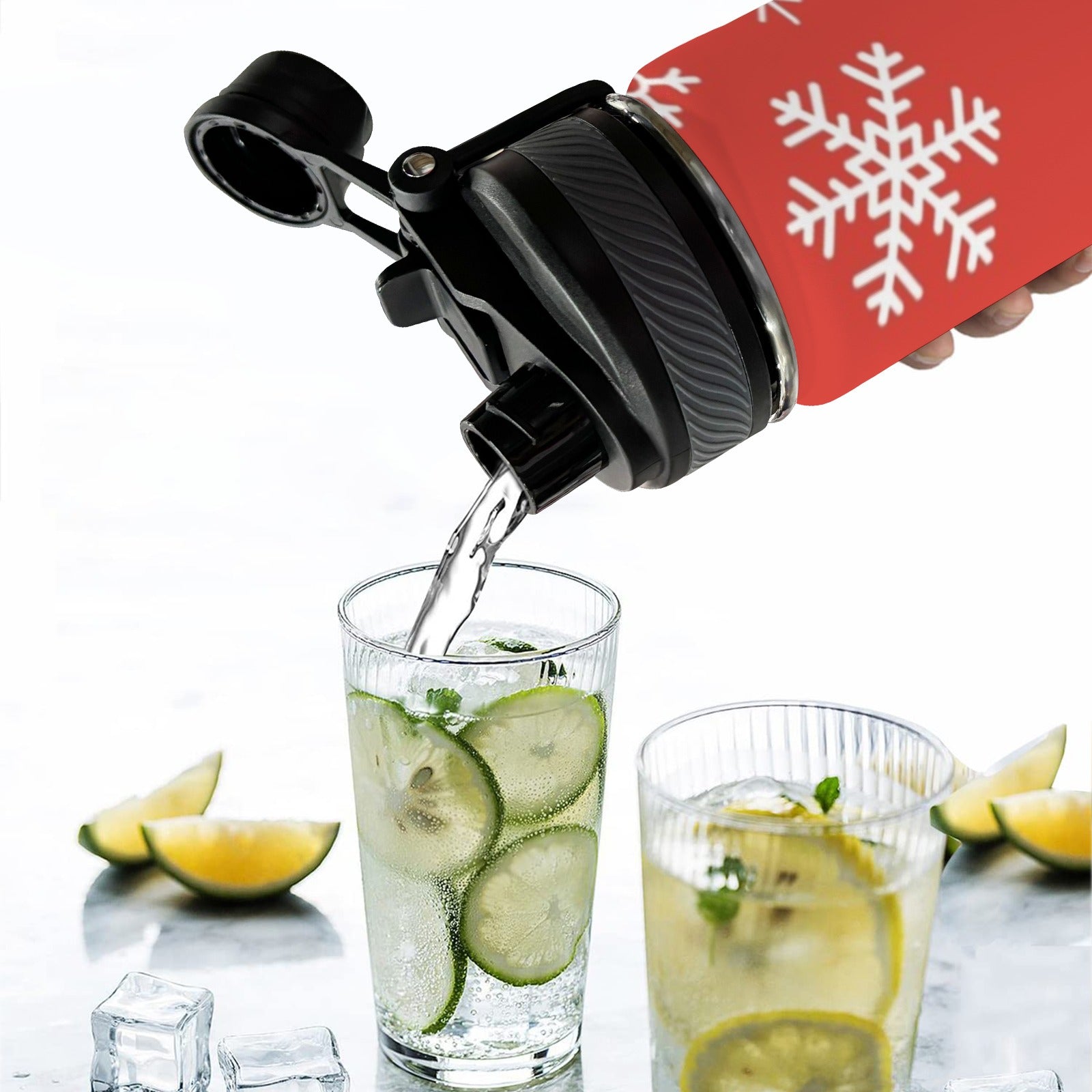 Red Snowflakes, Christmas - Insulated Water Bottle with Dual-Use Lid (18oz) Insulated Water Bottle with Dual-Use Lid (18oz) Christmas Printed Offshore