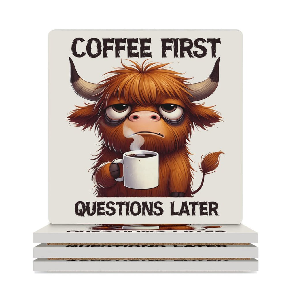Highland Cow, Coffee First - Ceramic Coasters (Square) white Ceramic Coasters animal Printed Offshore