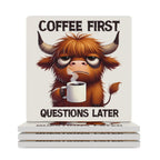 Highland Cow, Coffee First - Ceramic Coasters (Square) white Ceramic Coasters animal Printed Offshore