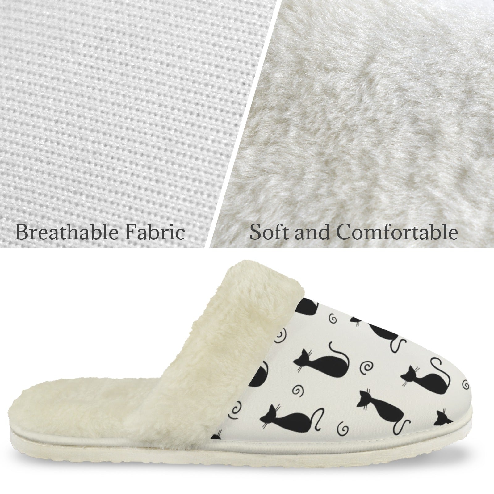Black Cats Women's Fur Trim Thick-Sole Indoor Slippers Women's Fur Trimmed Slippers animal Printed Offshore