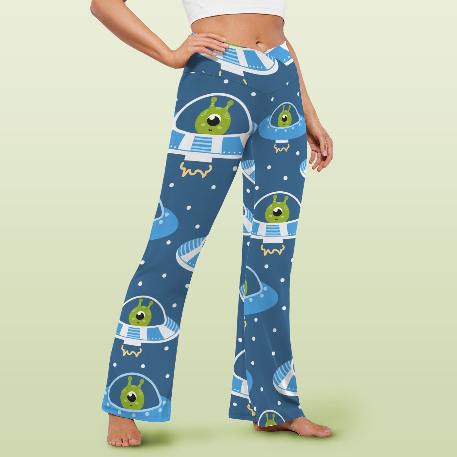 Cute Aliens in UFOs - High Waist Crossover Tummy Control Flare Leggings High Waist Flare Leggings Printed Offshore Sci Fi