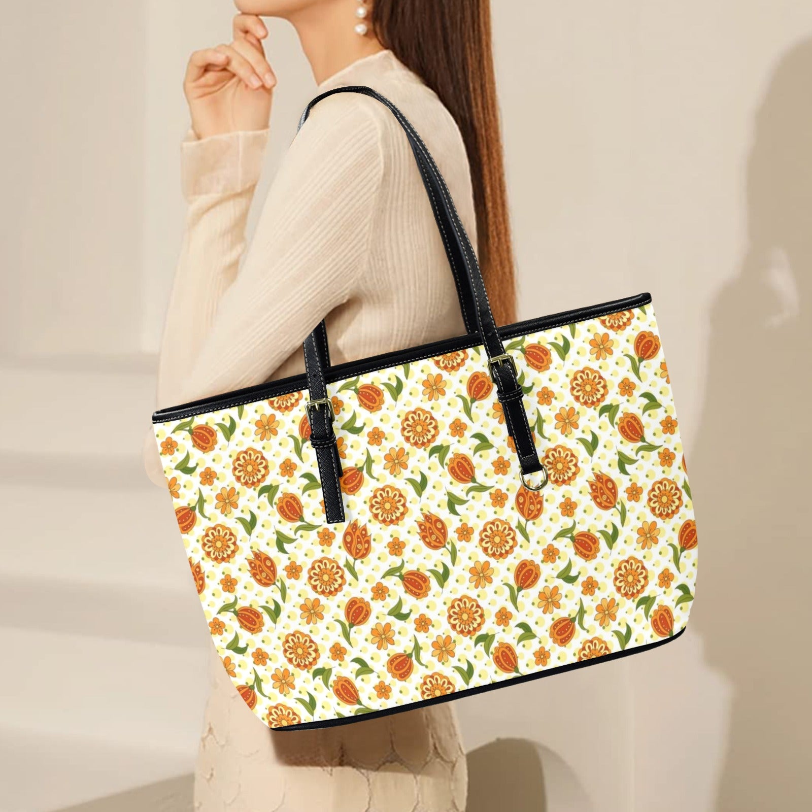 Graphic Floral PU Leather Tote Bag Large