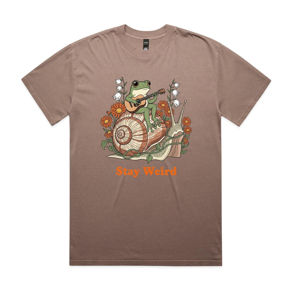 Stay Weird, Guitar Playing Frog On A Snail AS Colour Heavy Faded Tee Unisex Faded mushroom Heavy Faded T-shirt animal Music Printed In Australia