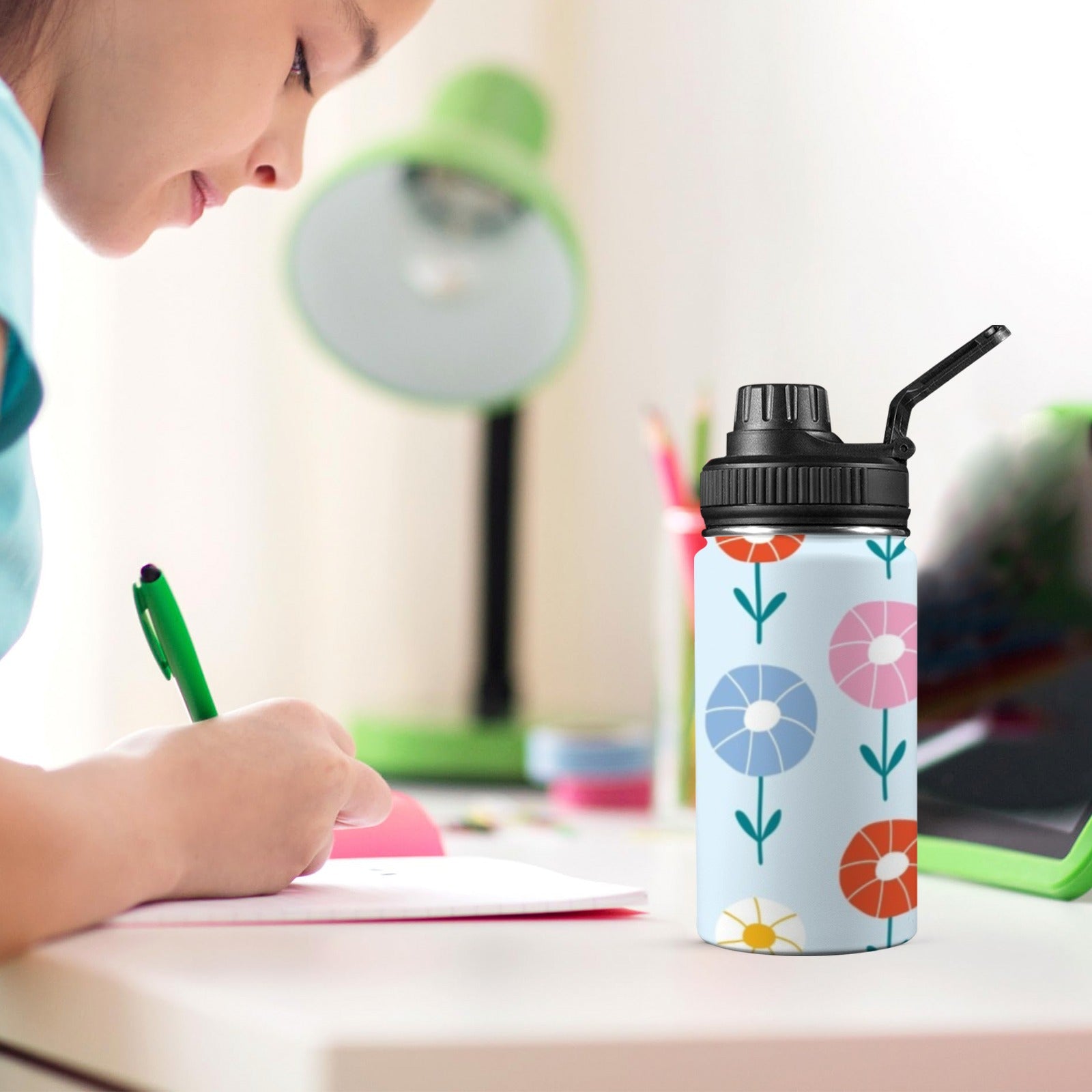 Abstract Cute Flowers Kids Water Bottle with Chug Lid (12 oz) Kids Water Bottle with Chug Lid Plants Printed Offshore