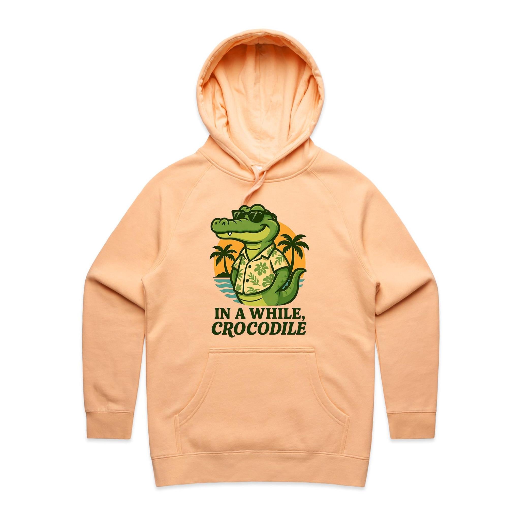 In A While, Crocodile Women's AS Colour Hoodie Peach Womens Hoodie animal Printed In Australia