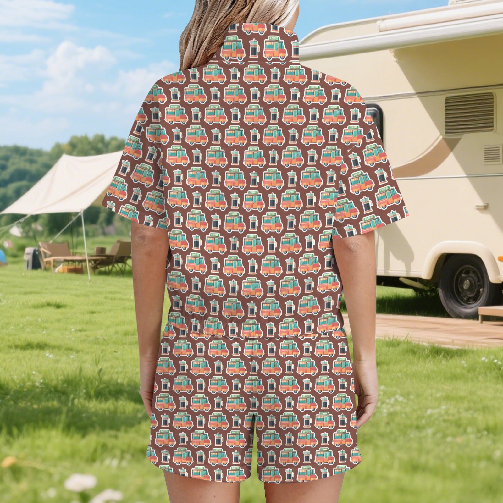 Coffee Van Women's Windbreaker Short Set Women's Windbreaker Short Set Coffee Printed Offshore