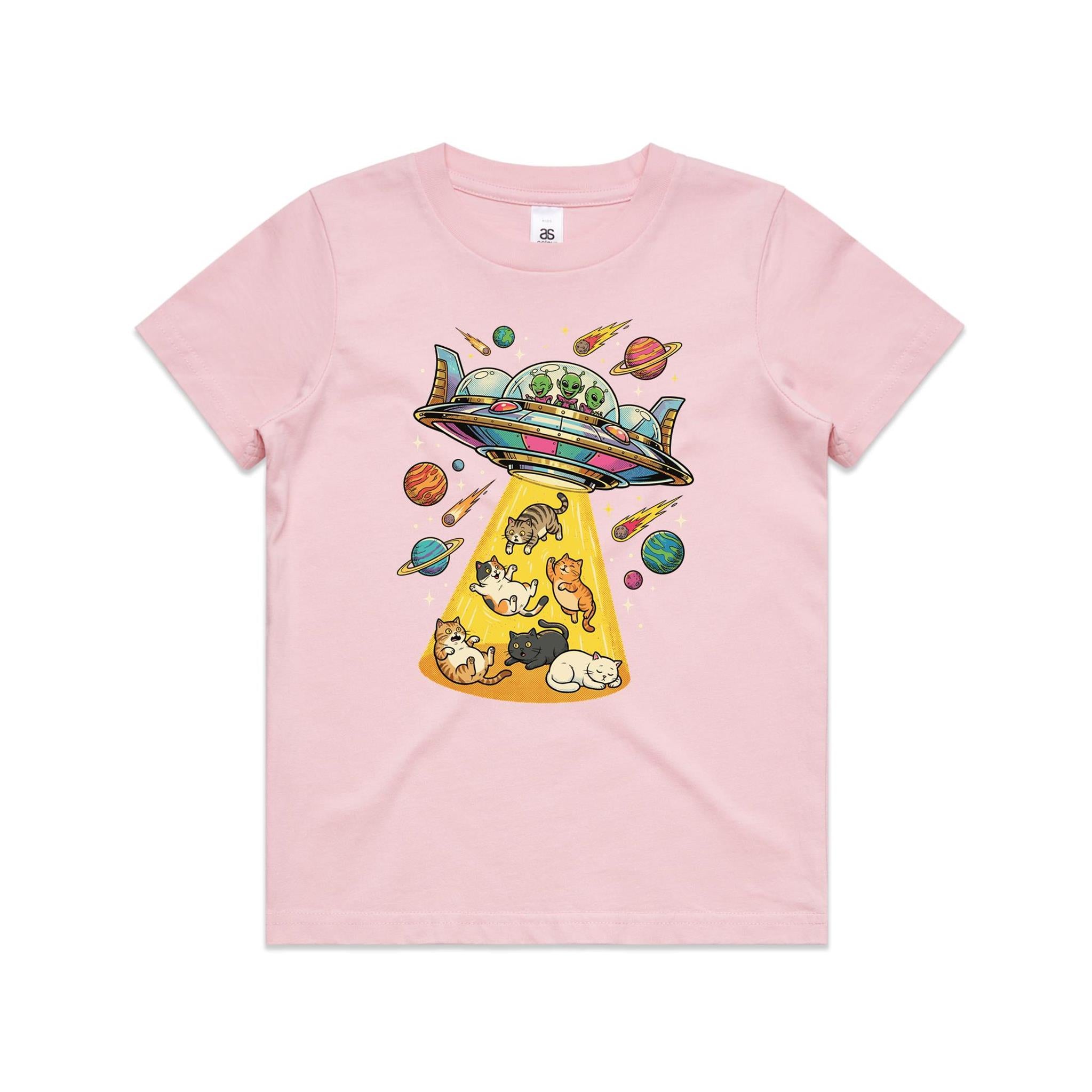 UFO Cat Abduction - Kid's AS Colour T-shirt Pink Kids Youth T-shirt animal Printed In Australia Sci Fi
