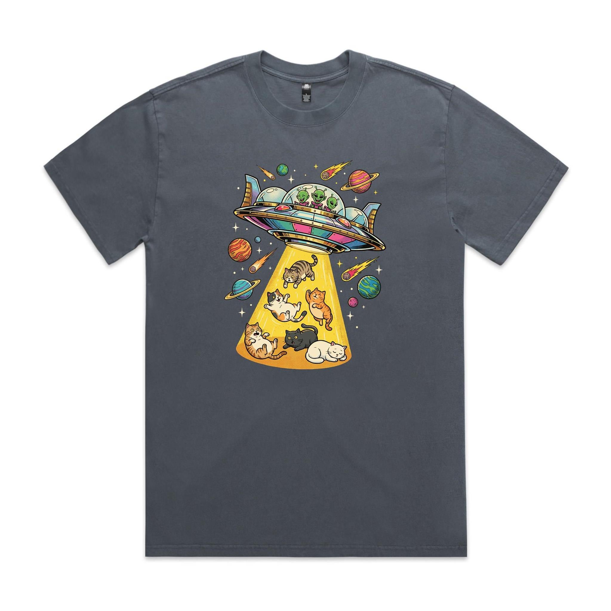UFO Cat Abduction - AS Colour Heavy Faded Tee Faded indigo Heavy Faded T-shirt animal Printed In Australia Sci Fi