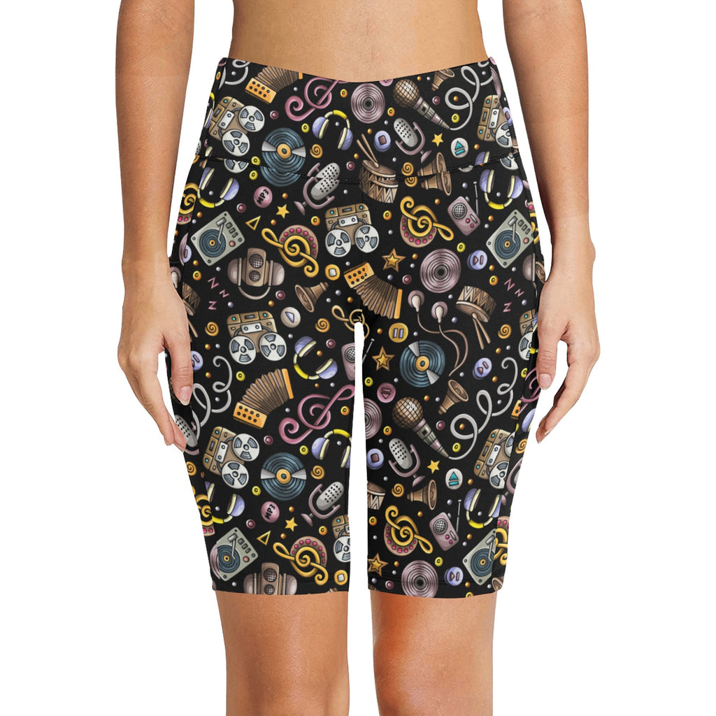 Retro Music Mix Women's Bike Shorts With Side Pockets Women's Bike Shorts Music Printed Offshore Retro